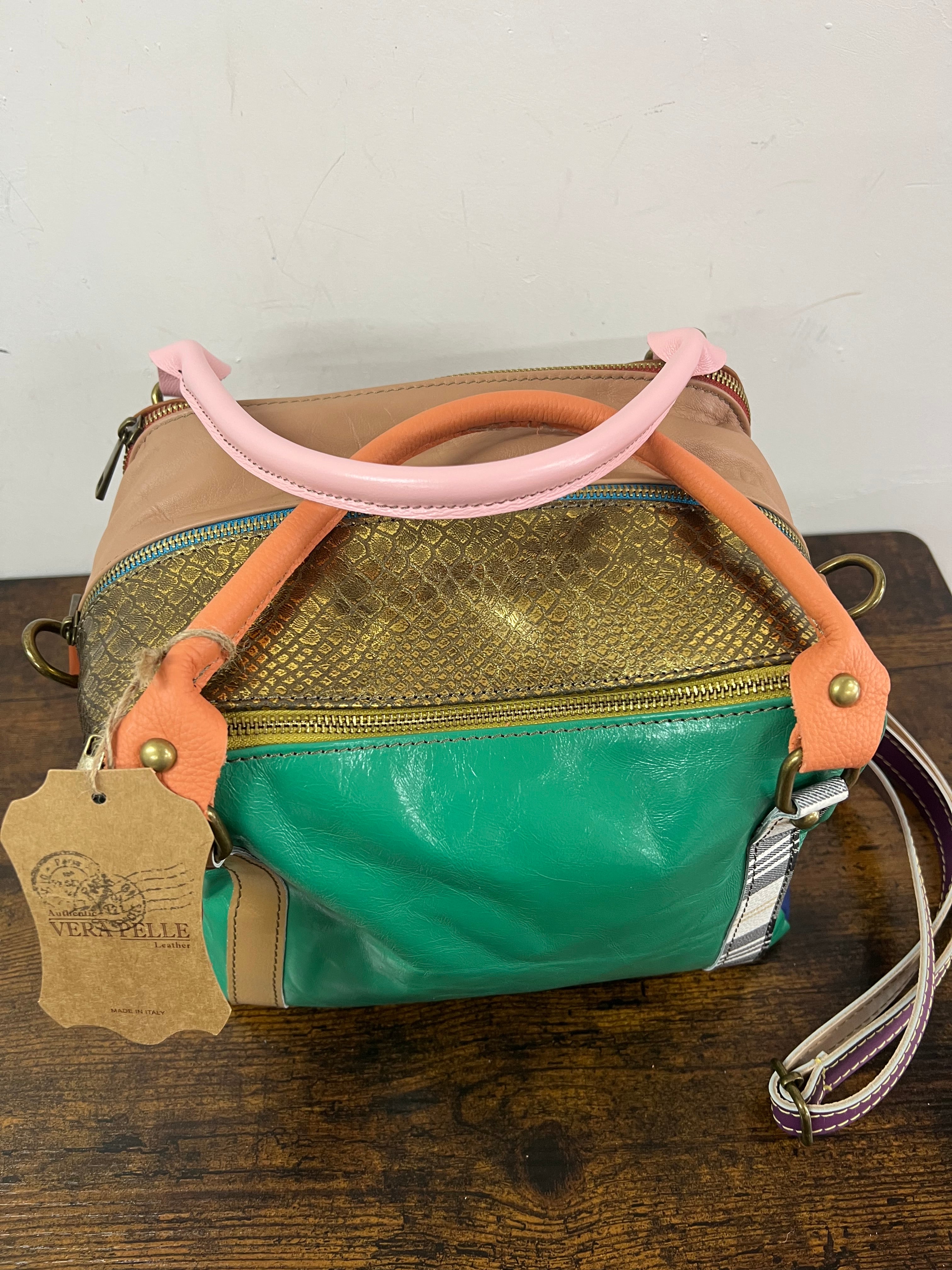 Country quadrotta patchwork verde acqua e cuoio
