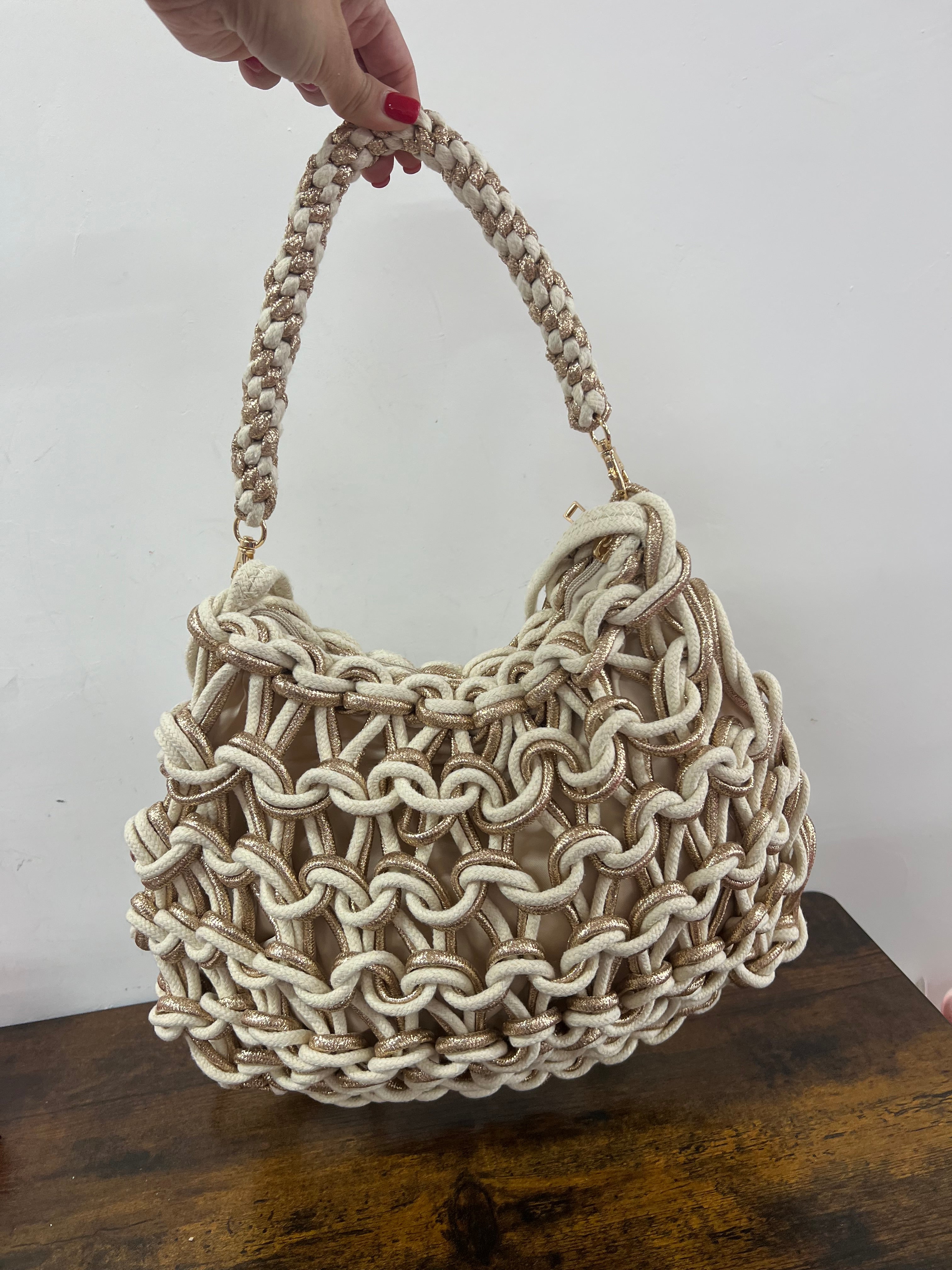 Shopper corda intrecciata panna e oro