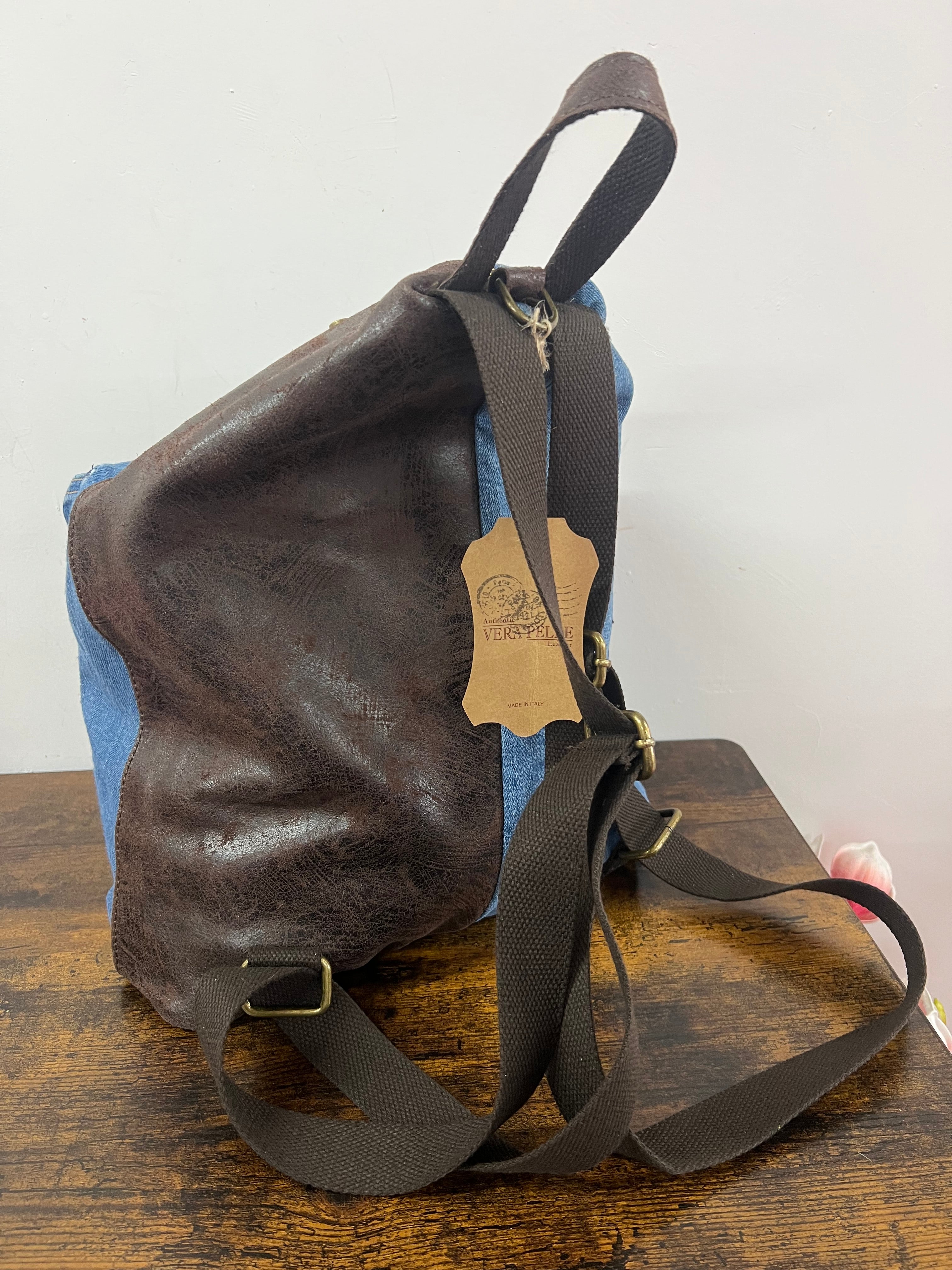 Zaino denim e pelle testa di moro