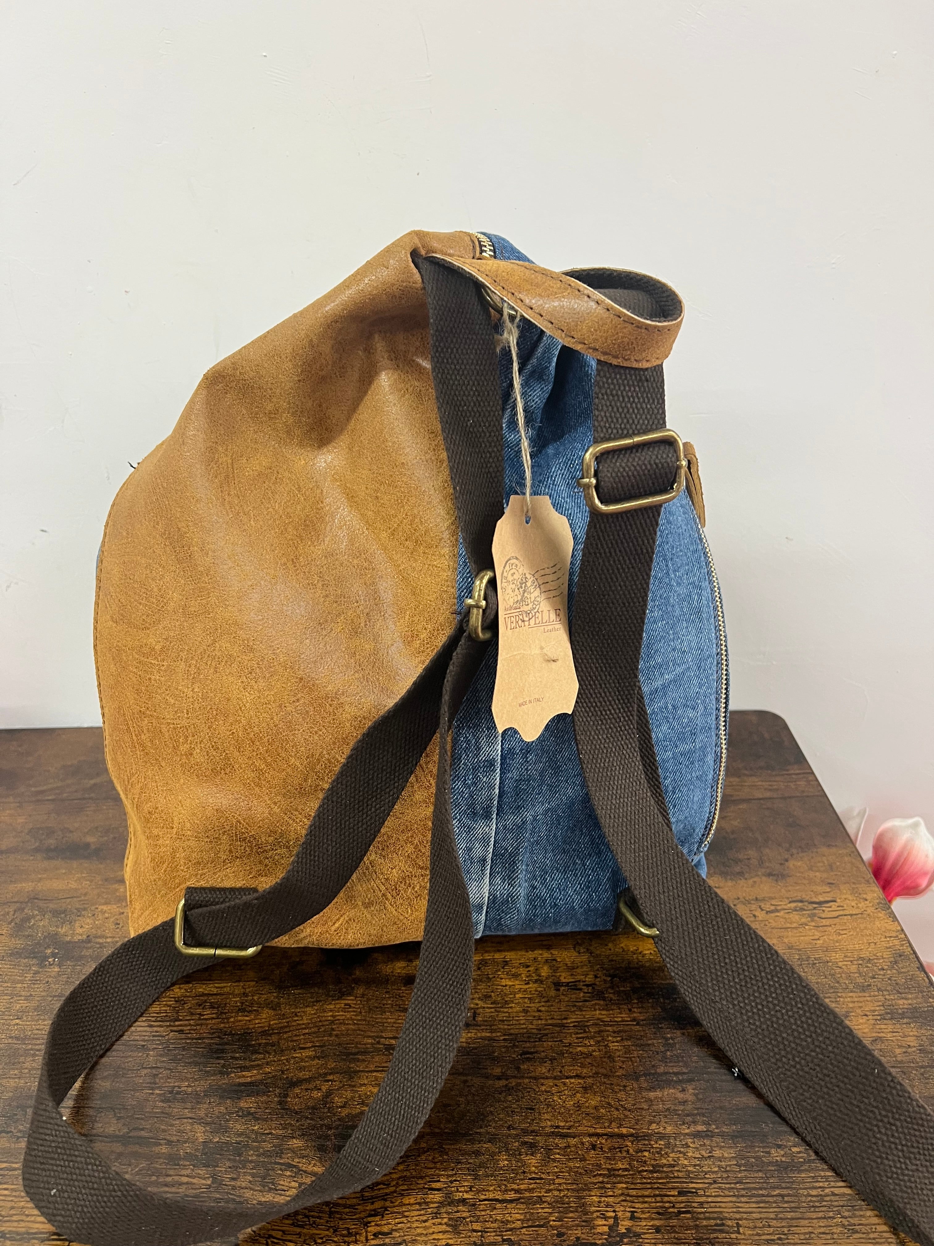 Zaino denim e pelle cuoio
