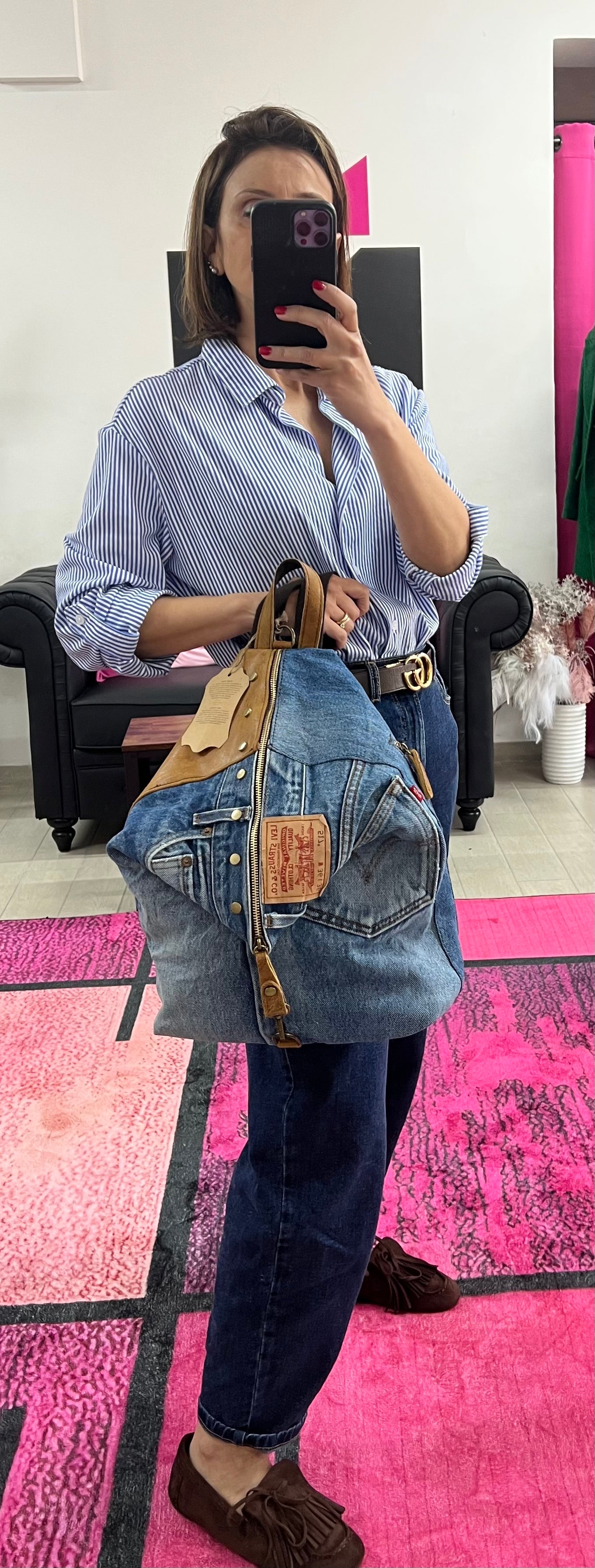 Zaino denim e pelle cuoio