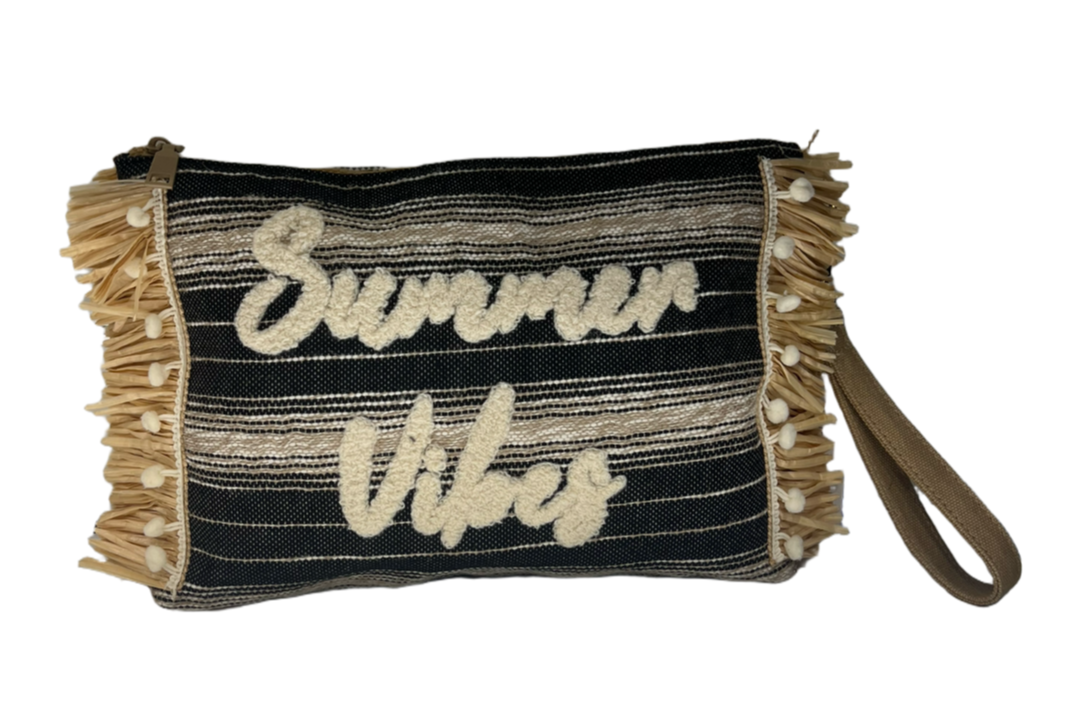 Pochette tessuto e rafia summer vibes grigio