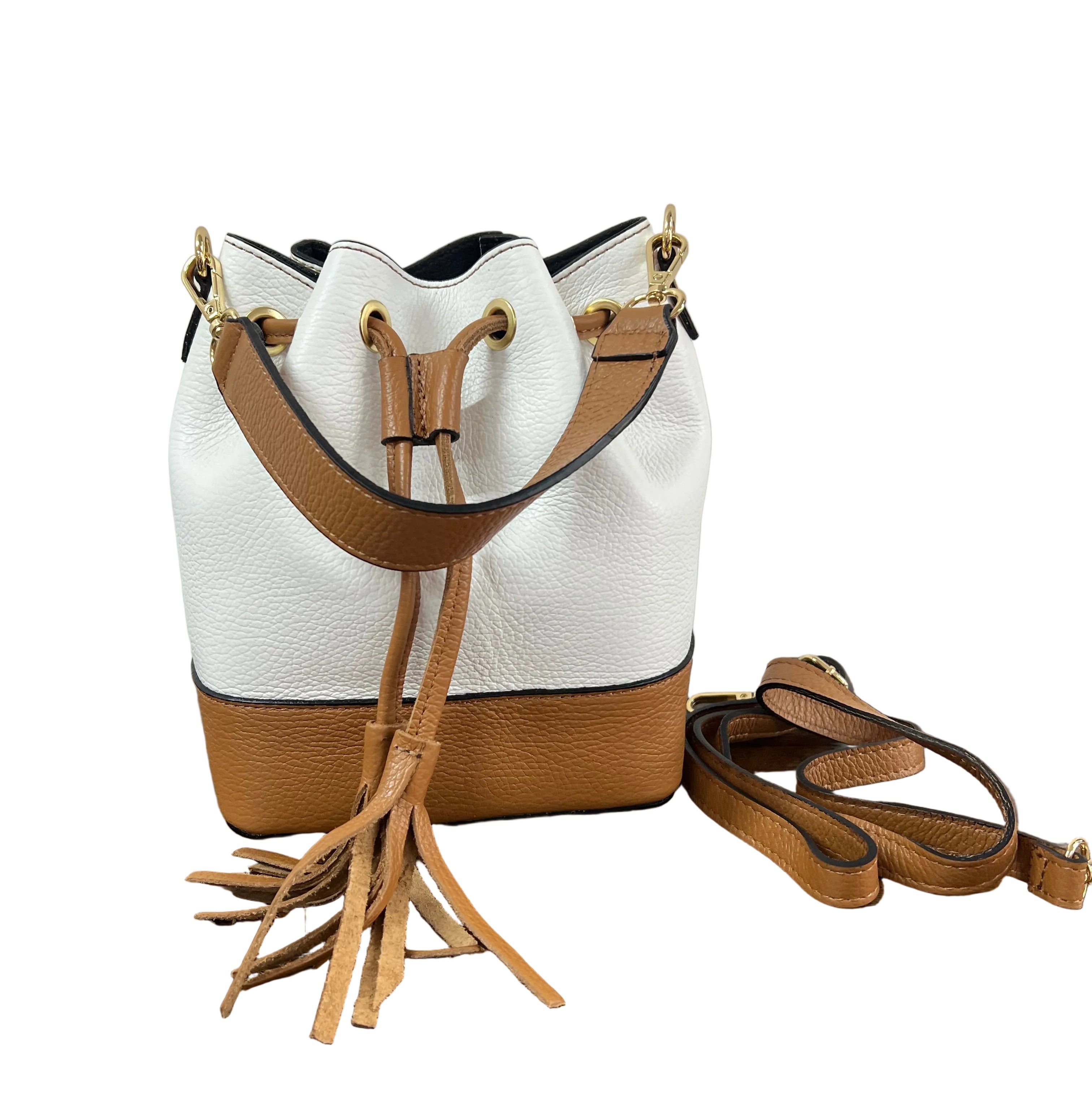 Sacchetto frange mini bicolor bianco e cuoio