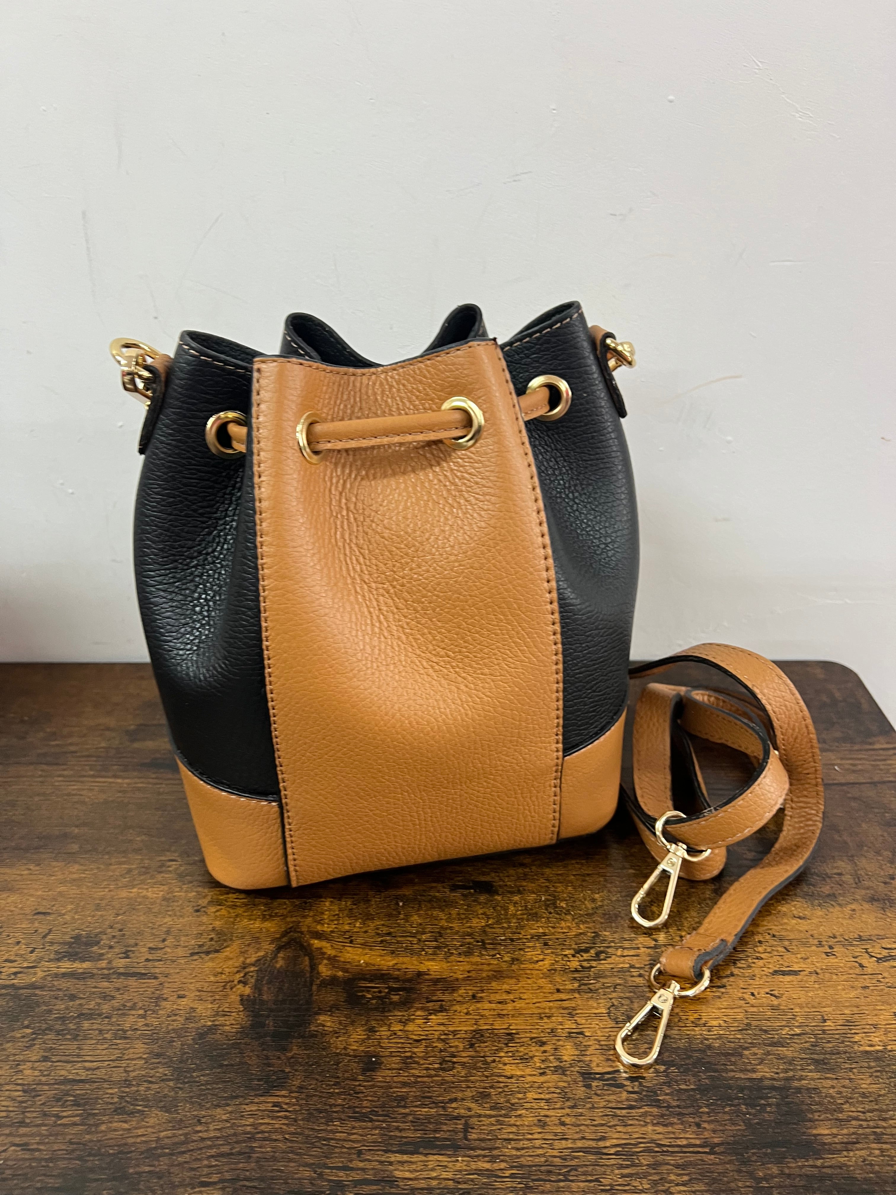 Sacchetto frange mini bicolor nero e cuoio
