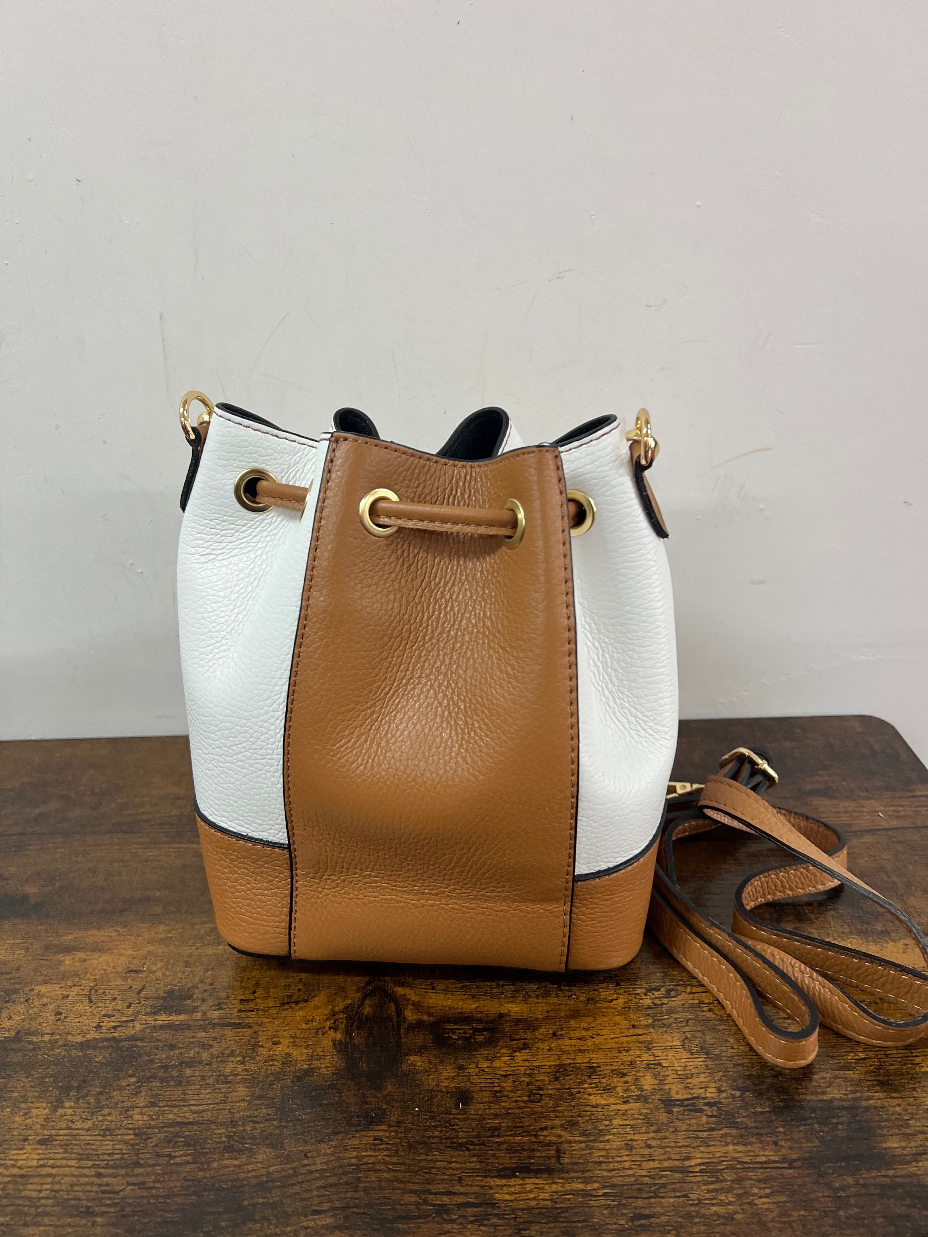 Sacchetto frange mini bicolor bianco e cuoio