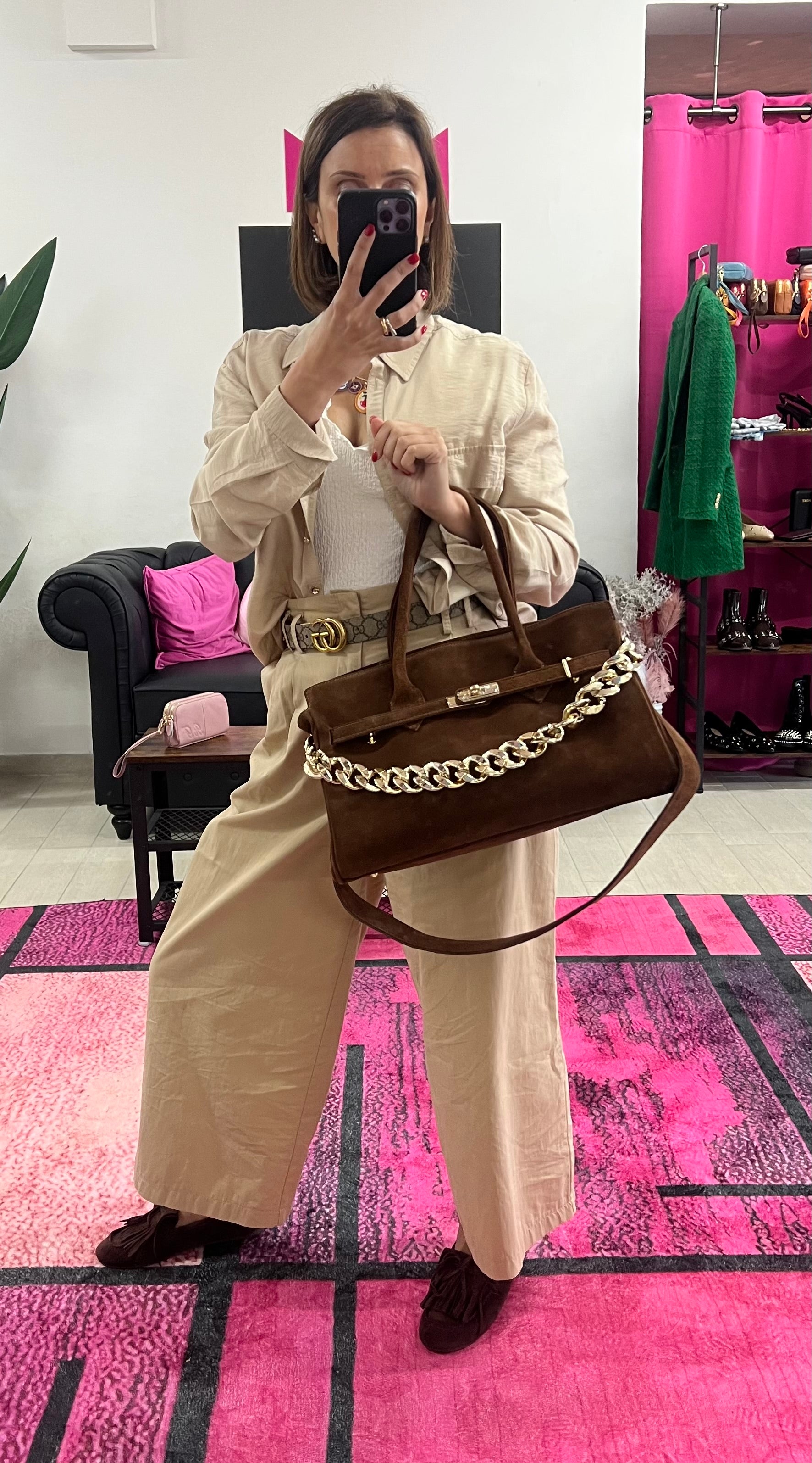 Shopper horse suede basic cioccolato e catena satinata