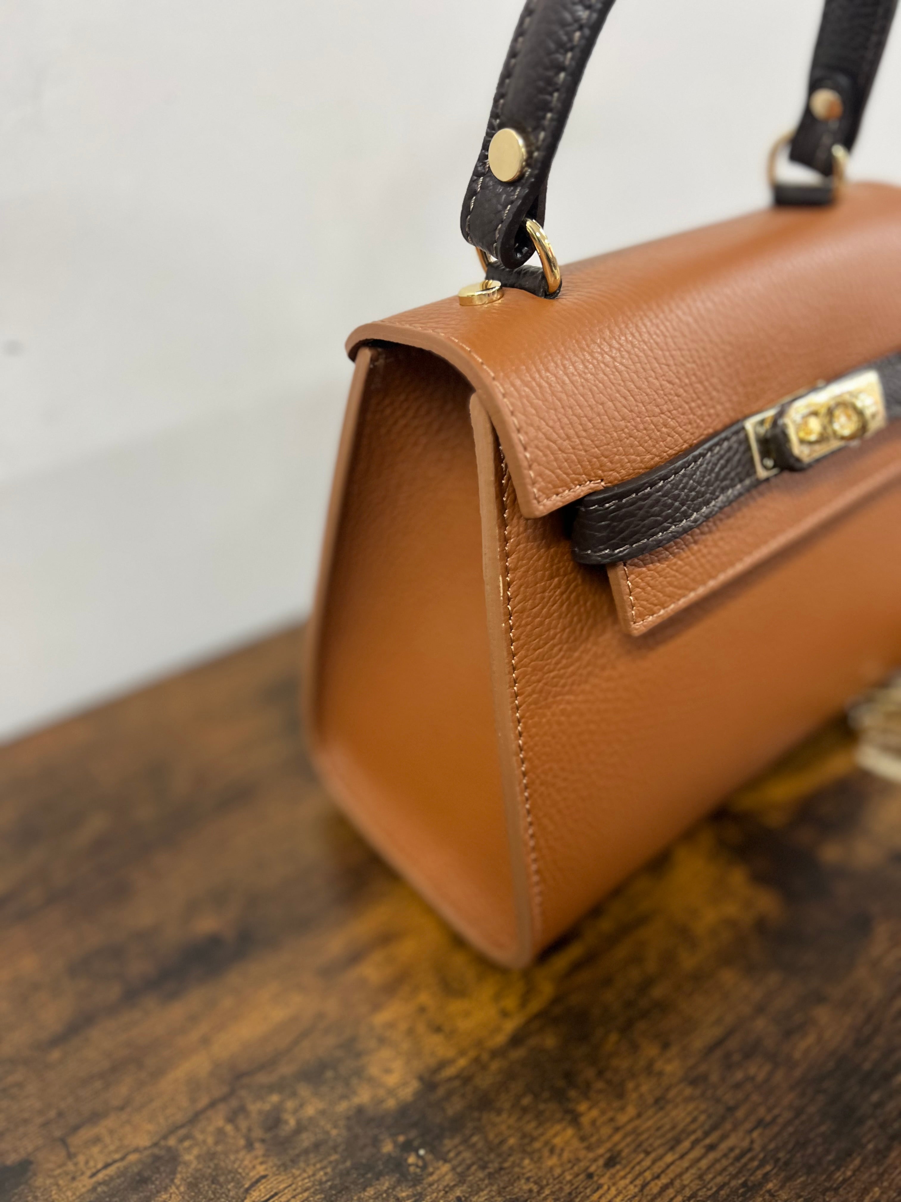 Kellie mini bicolor cuoio scuro e testa di moro