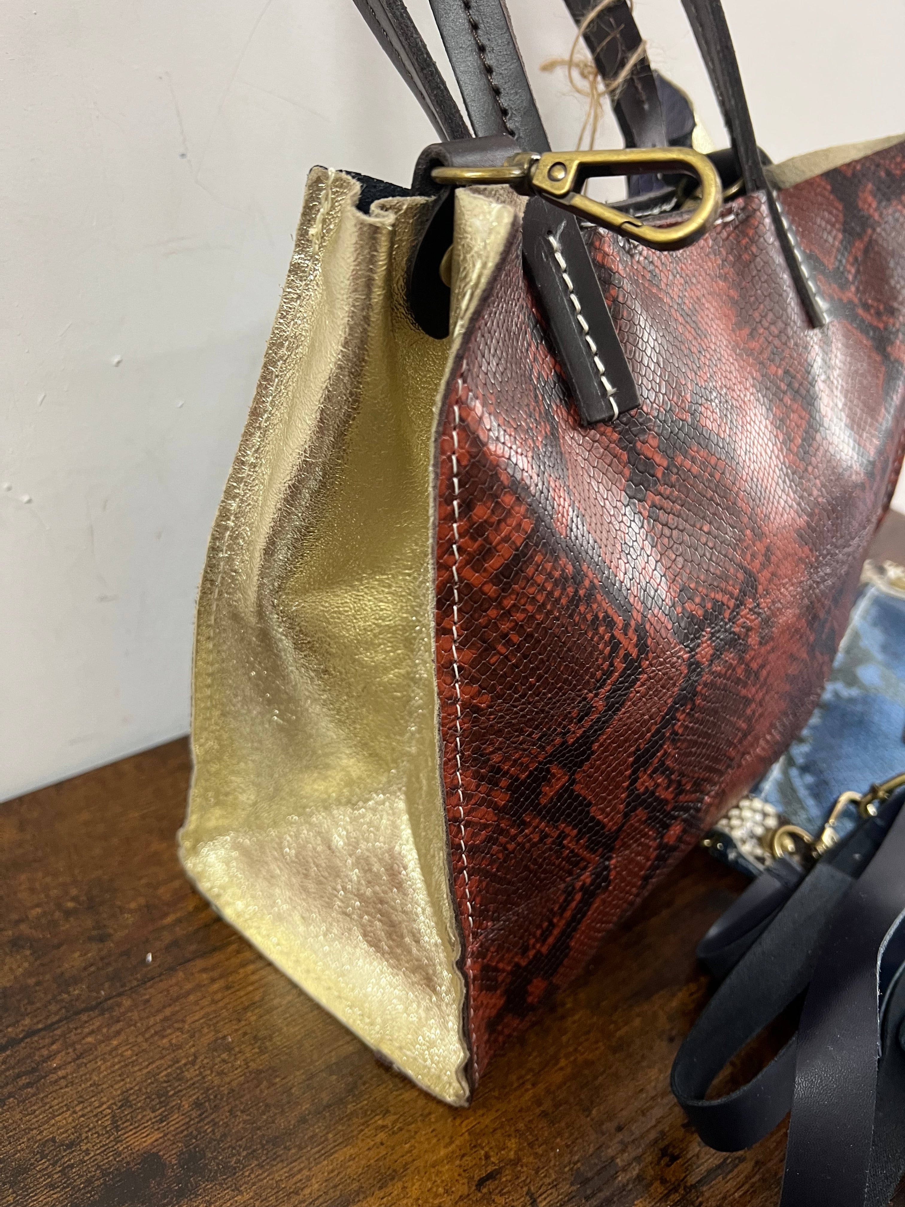 Shopper mini patchwork animalier  viola e mattone