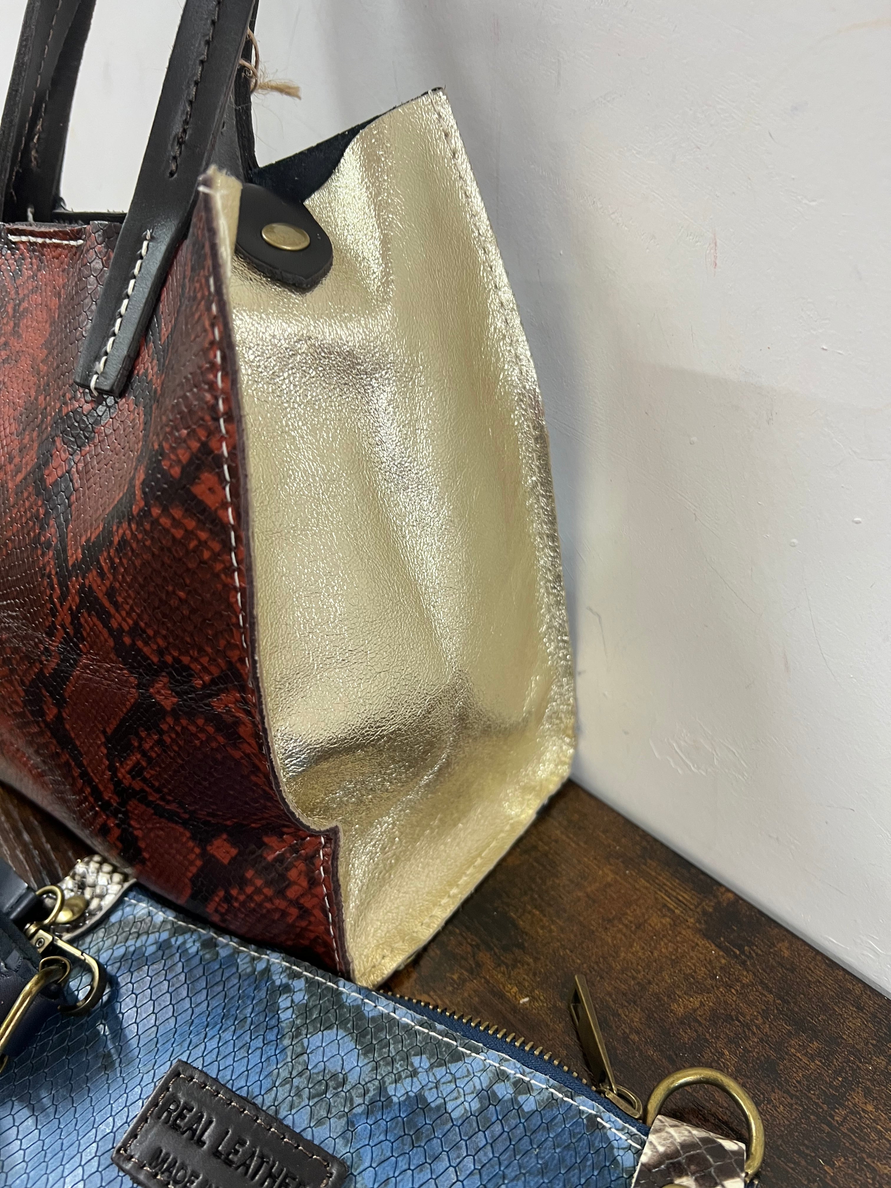 Shopper mini patchwork animalier  viola e mattone