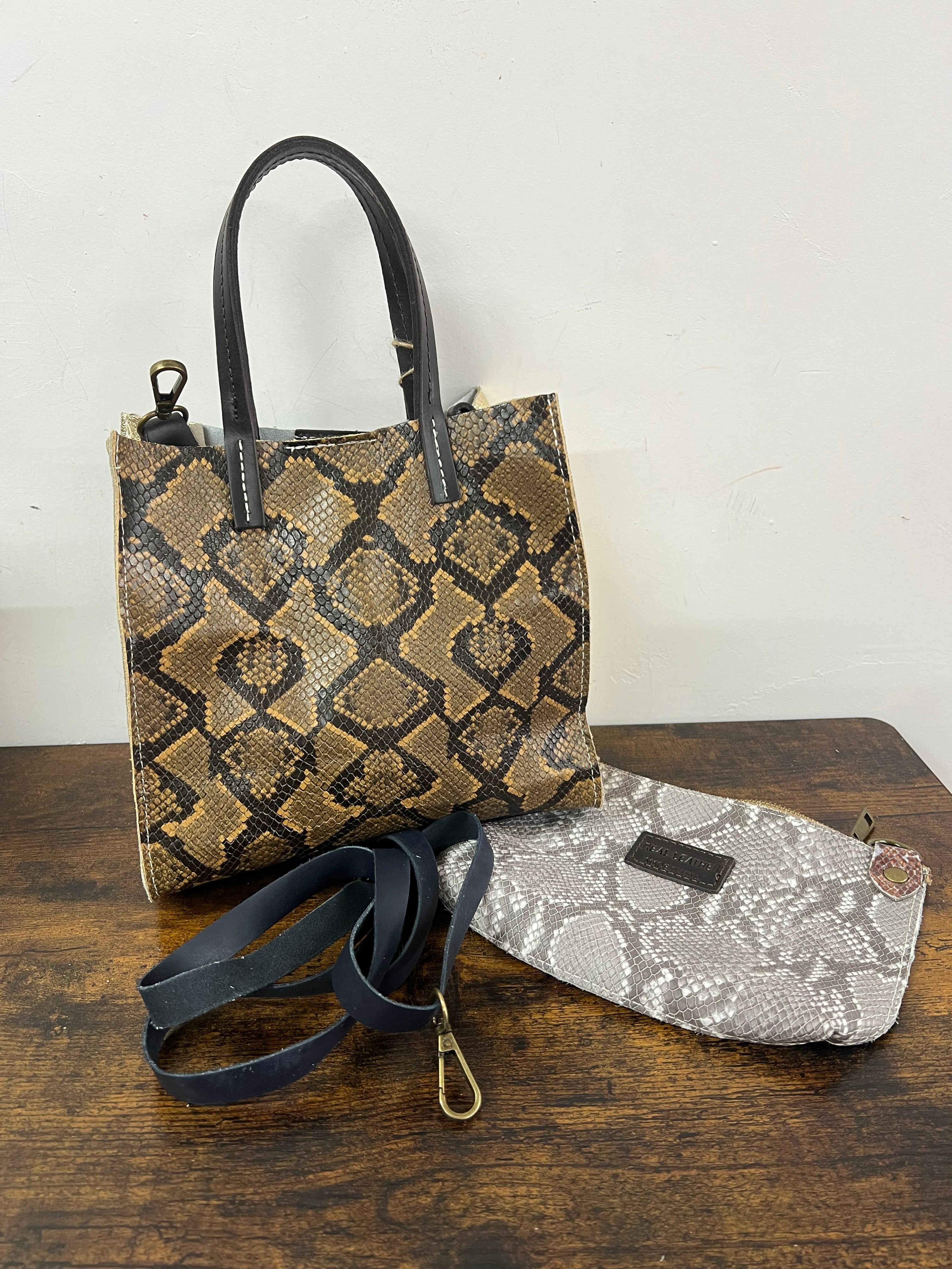 Shopper mini patchwork animalier ghiaccio e caramello