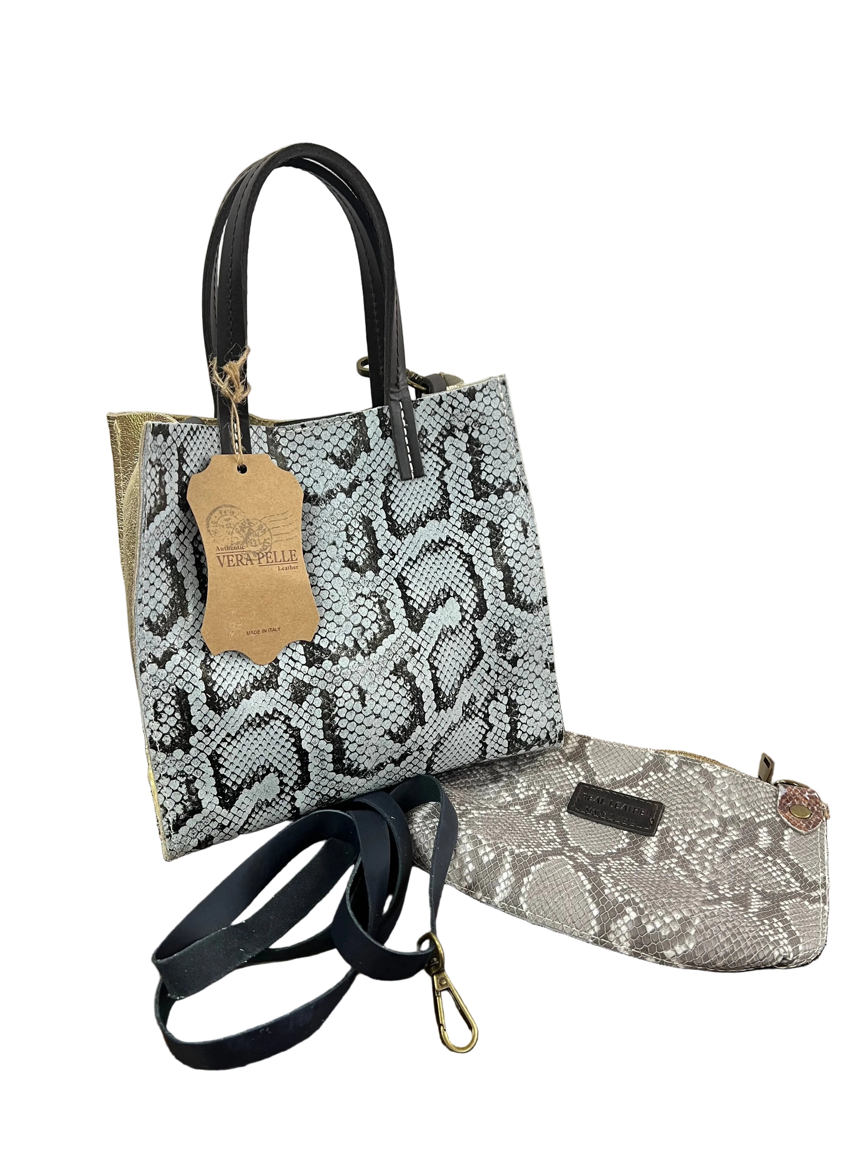 Shopper mini patchwork animalier ghiaccio e caramello
