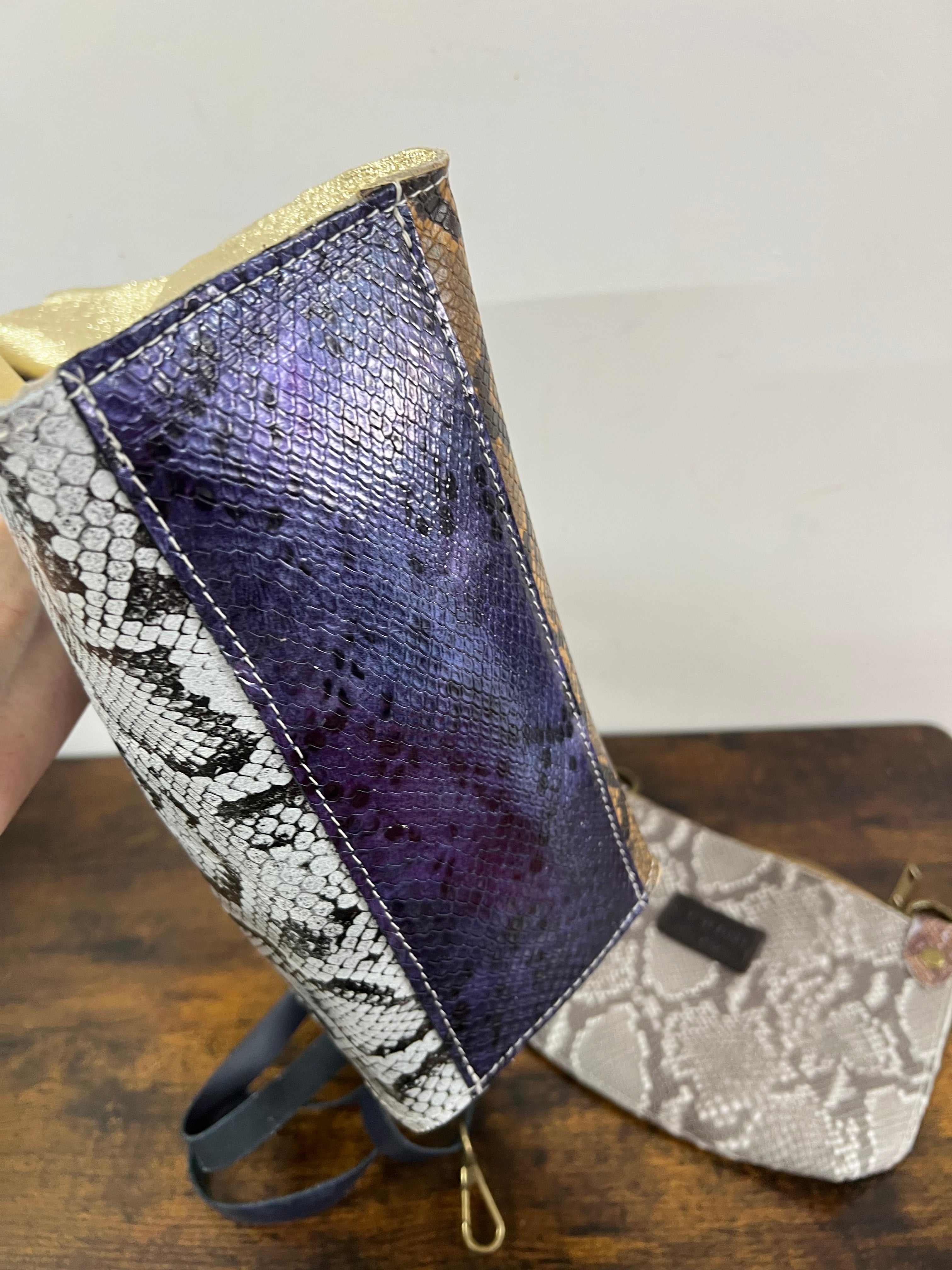 Shopper mini patchwork animalier ghiaccio e caramello