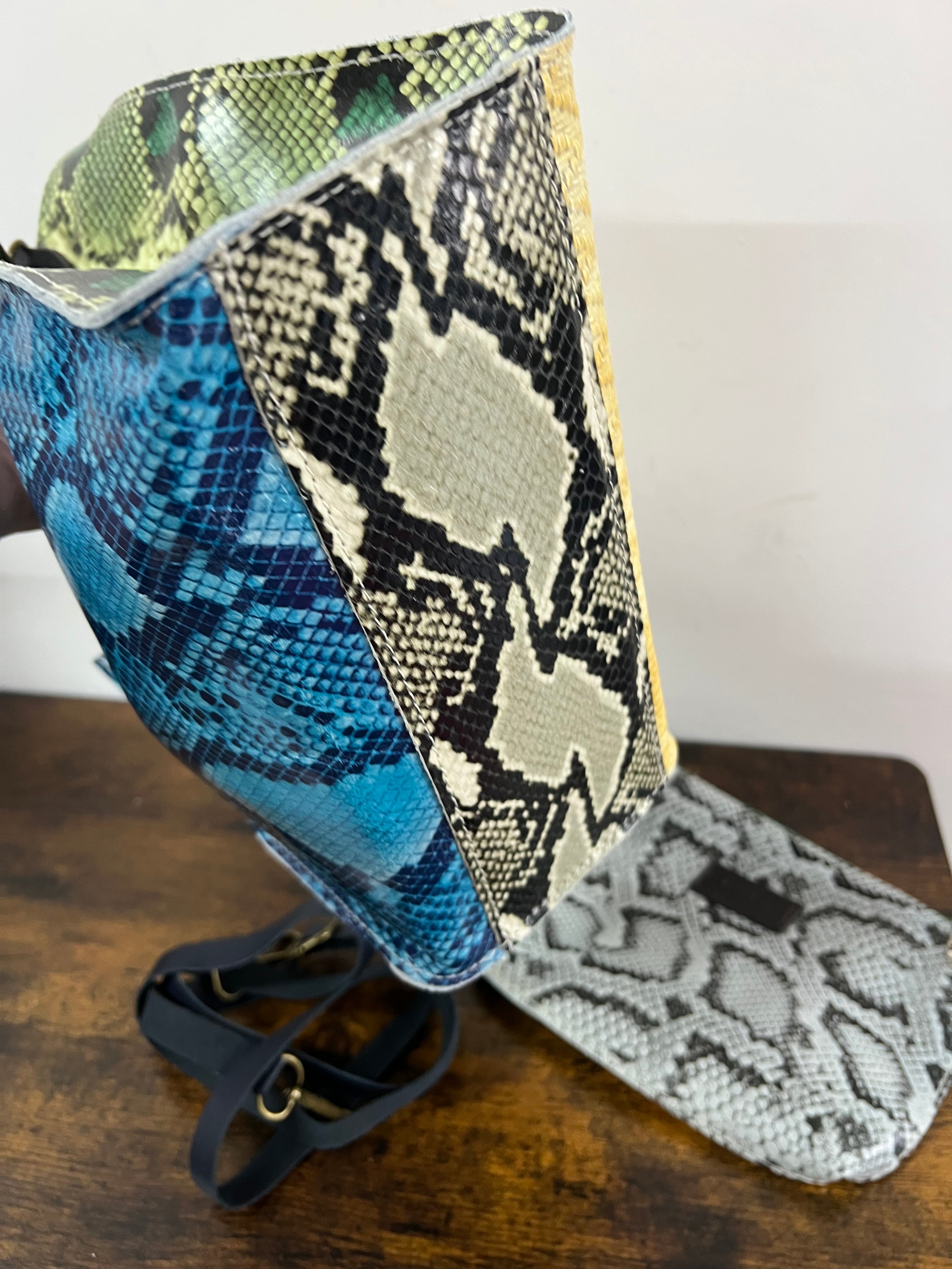 Shopper mini patchwork animalier turchese e giallo