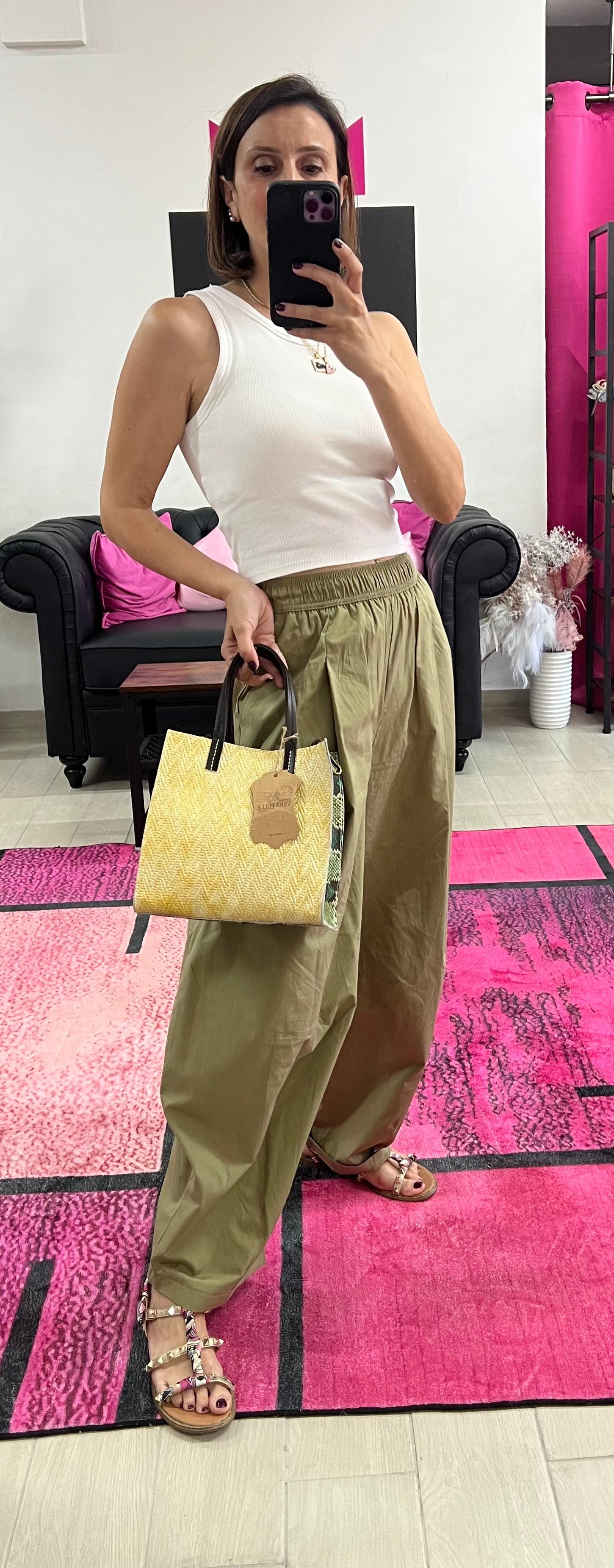 Shopper mini patchwork animalier turchese e giallo