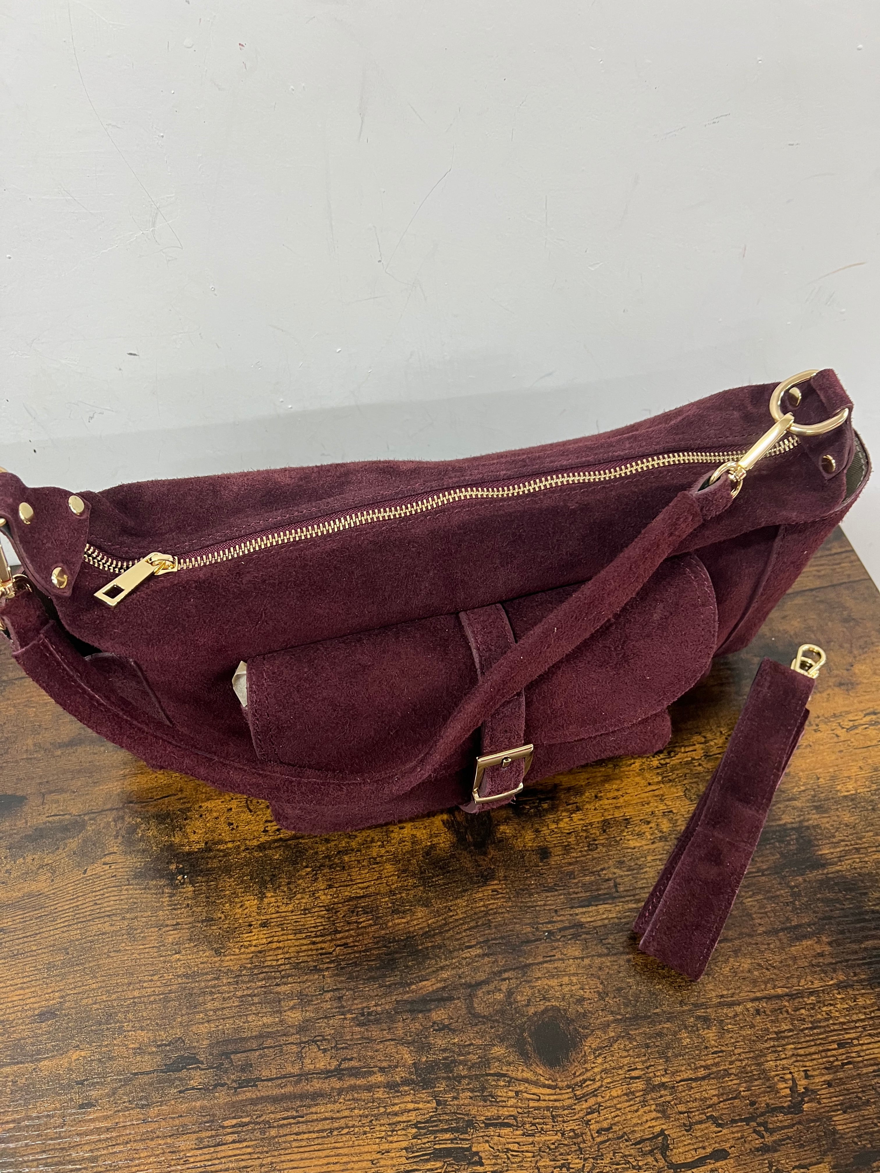 Mega baguette vera pelle suede vinaccia