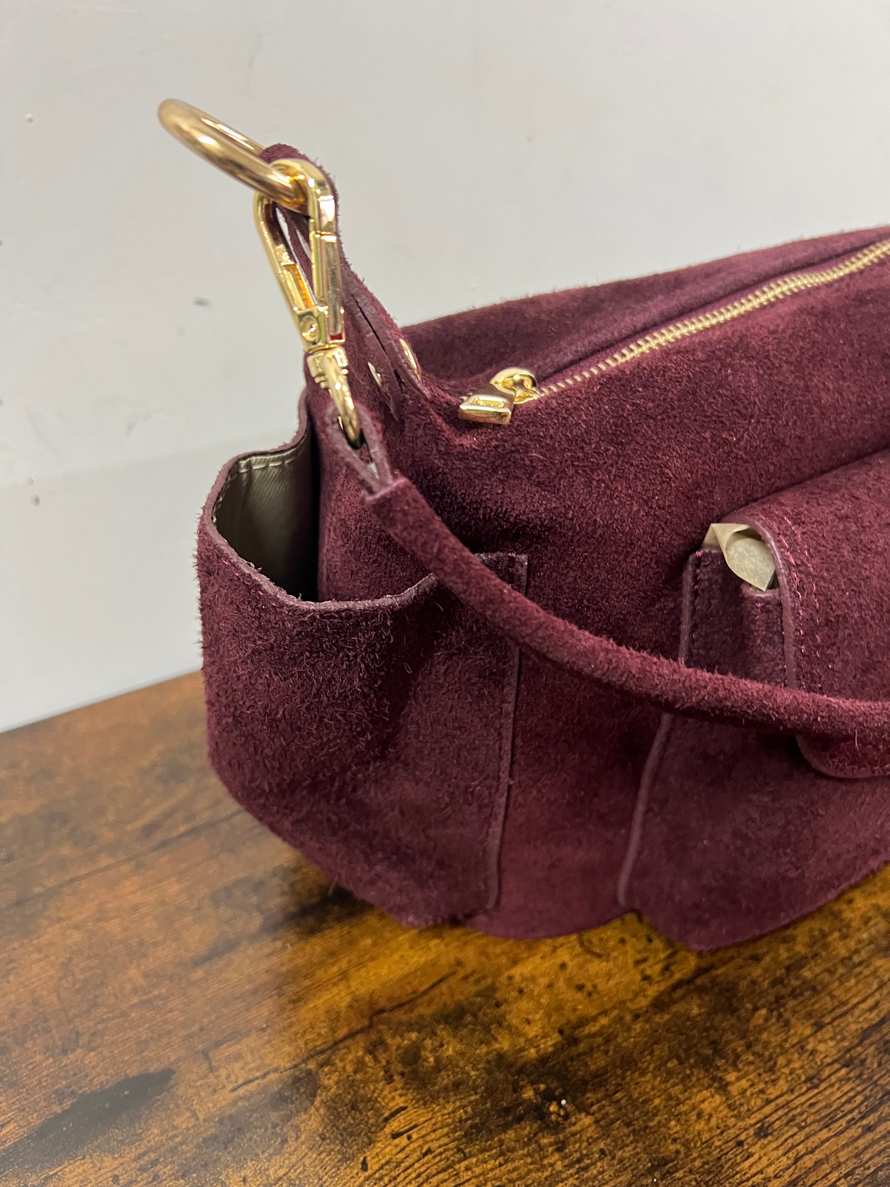 Mega baguette vera pelle suede vinaccia