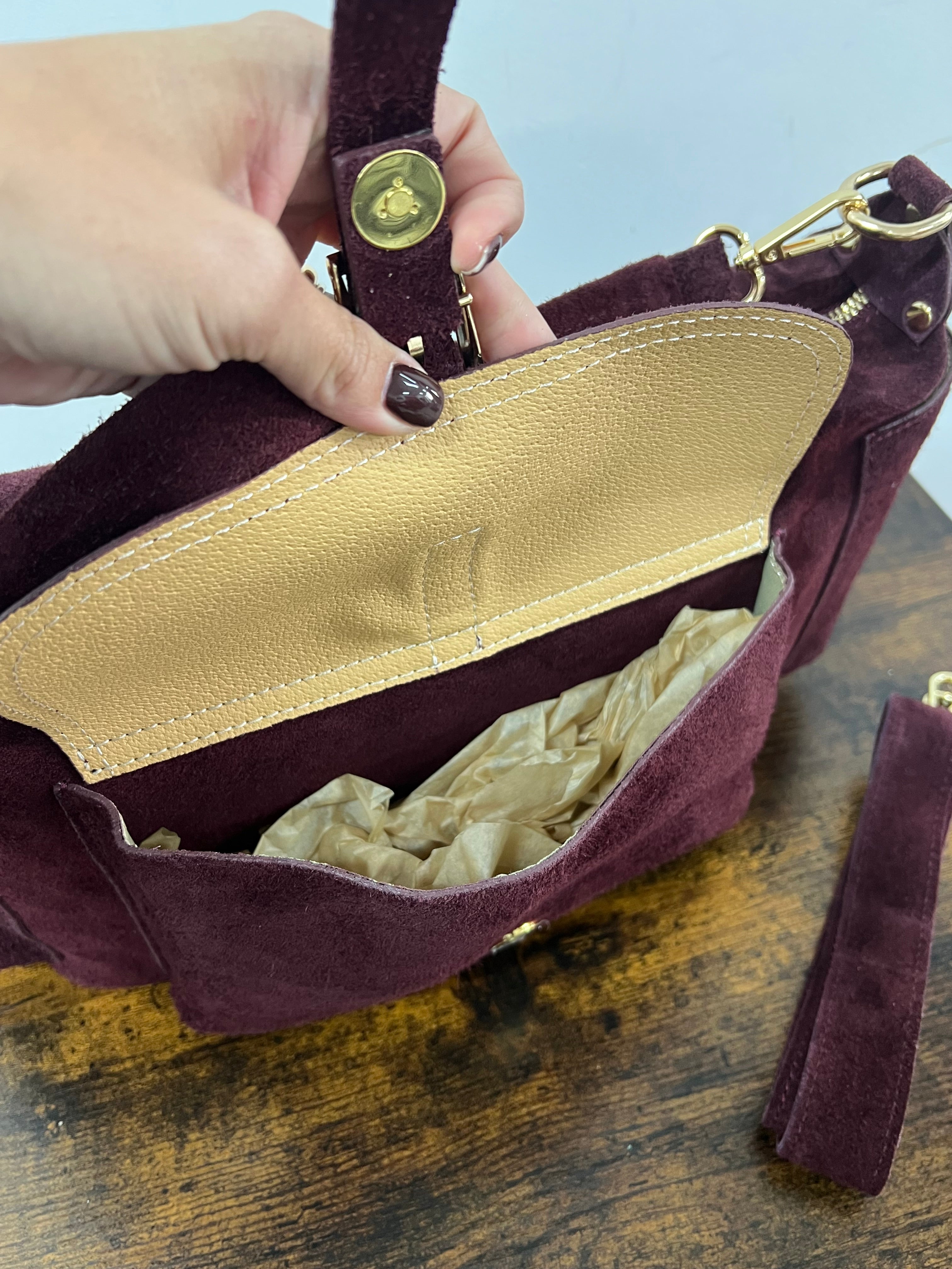 Mega baguette vera pelle suede vinaccia