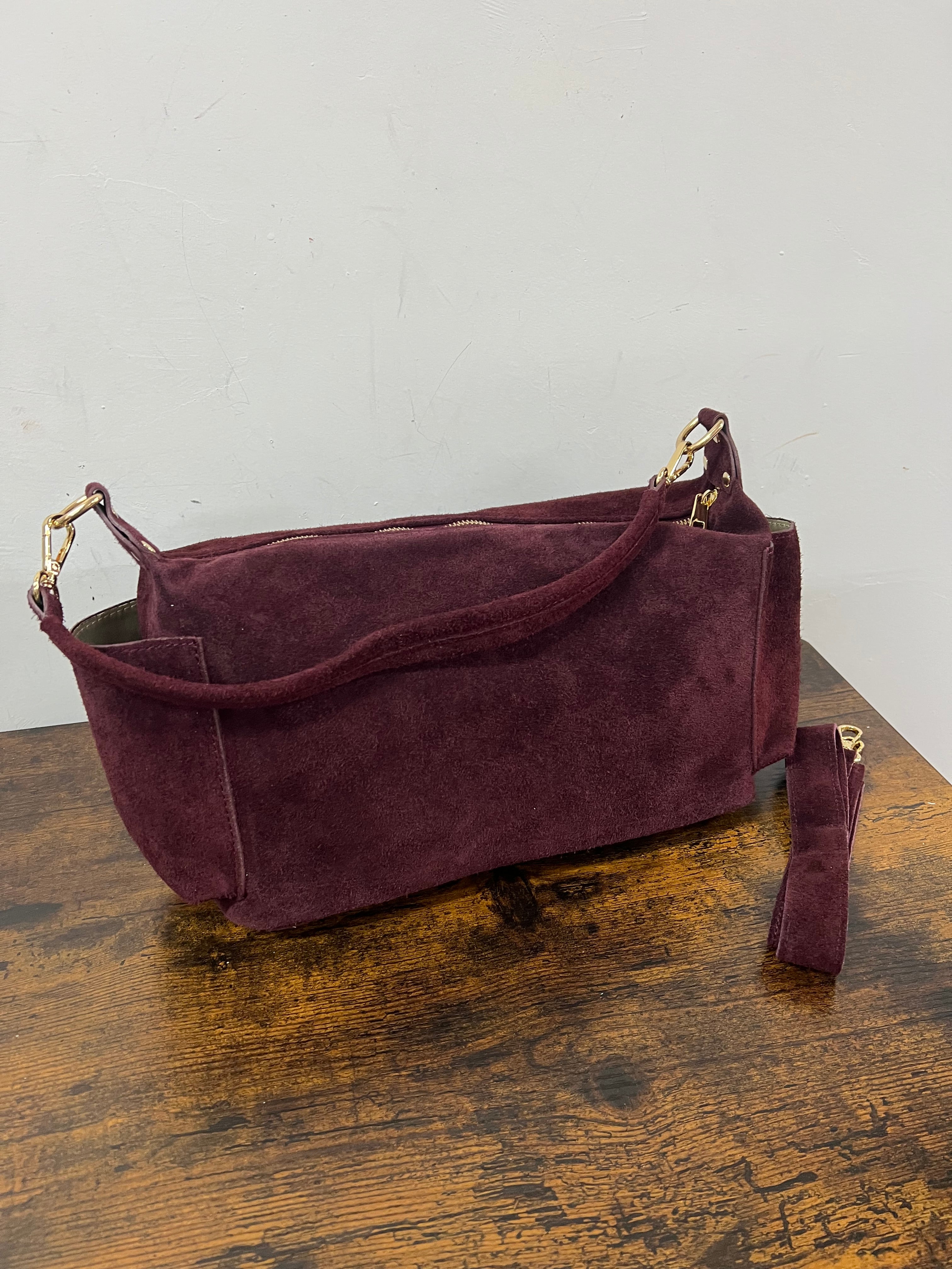 Mega baguette vera pelle suede vinaccia