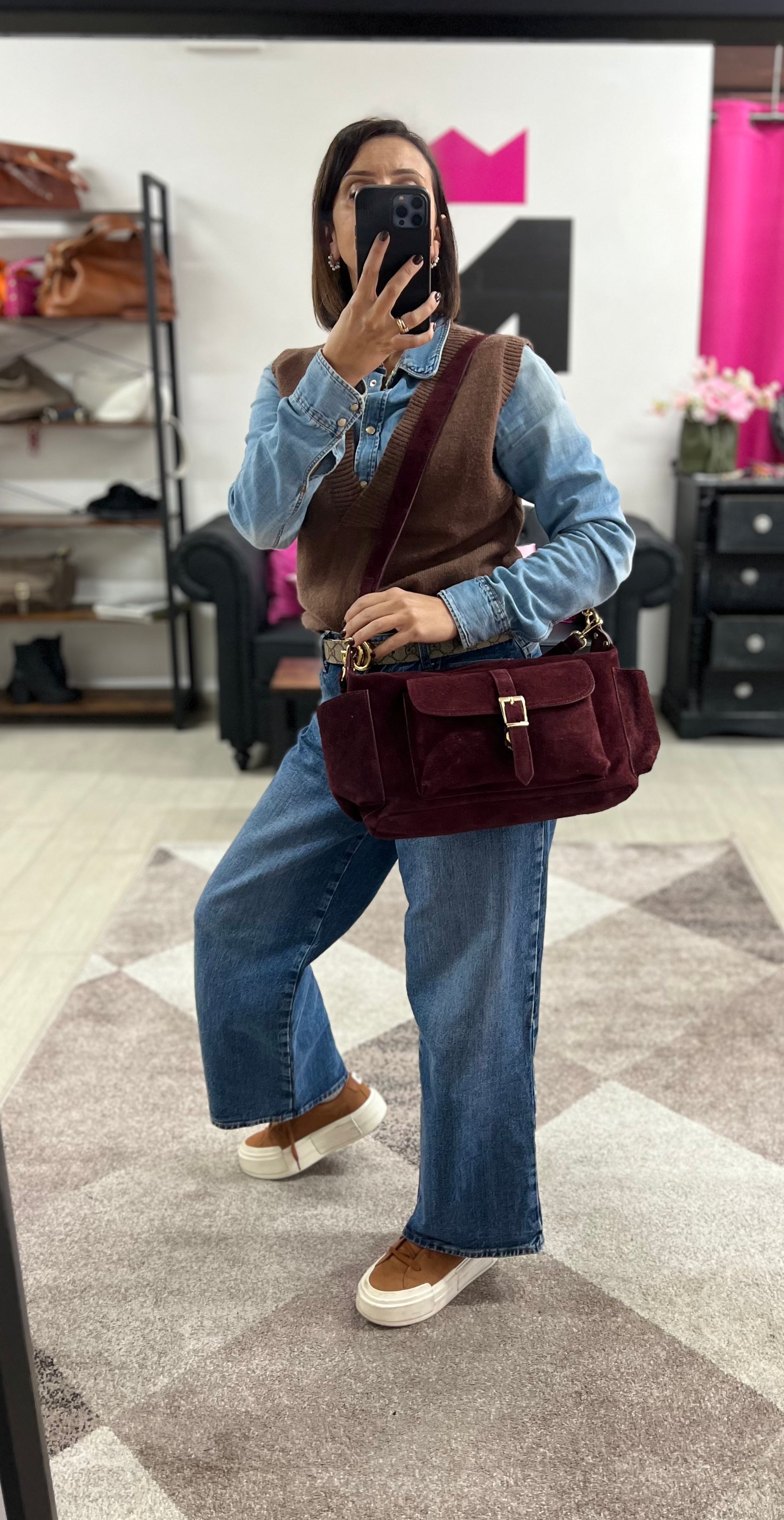 Mega baguette vera pelle suede vinaccia