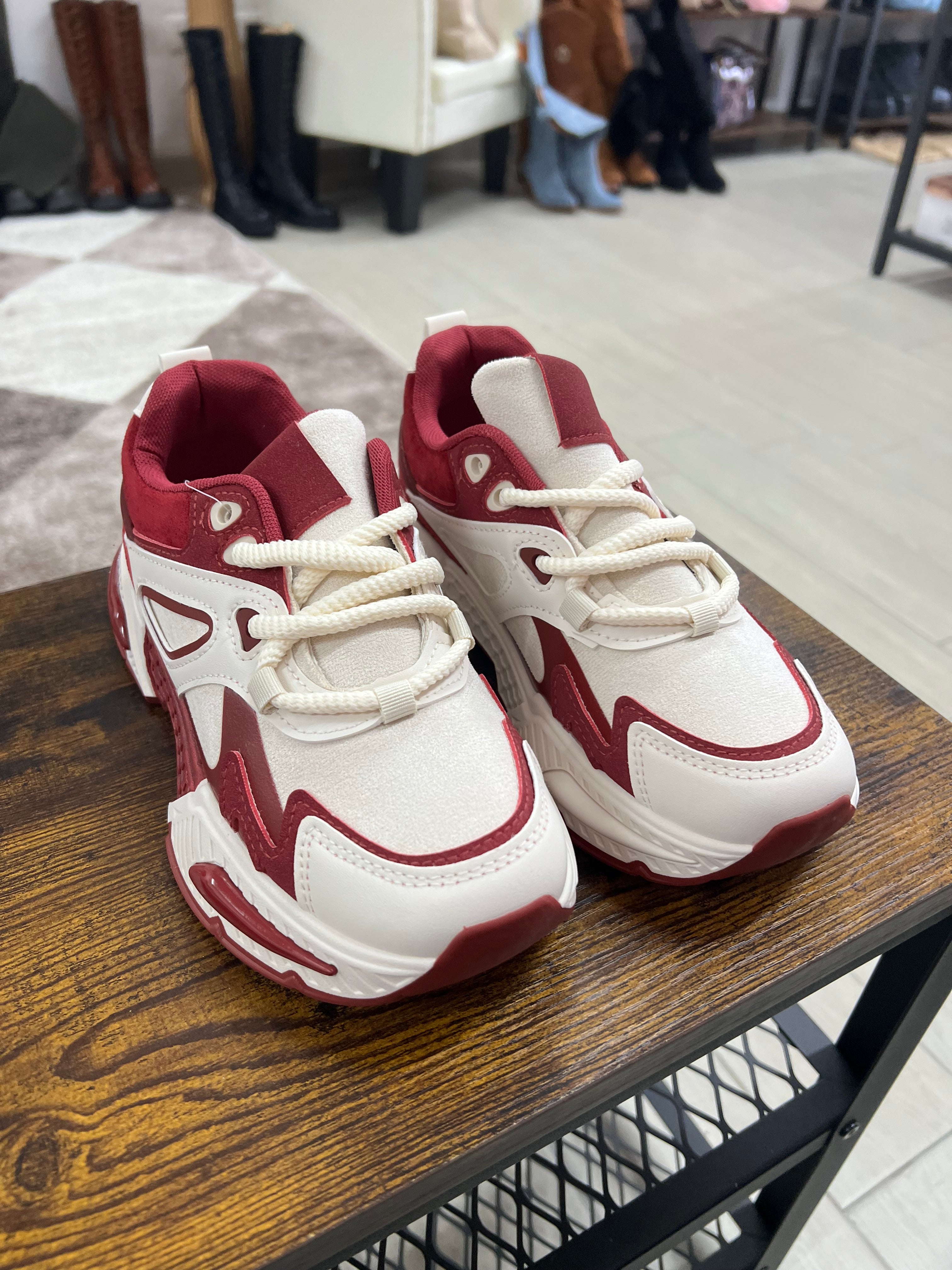 Cream and deep red RX sneakers