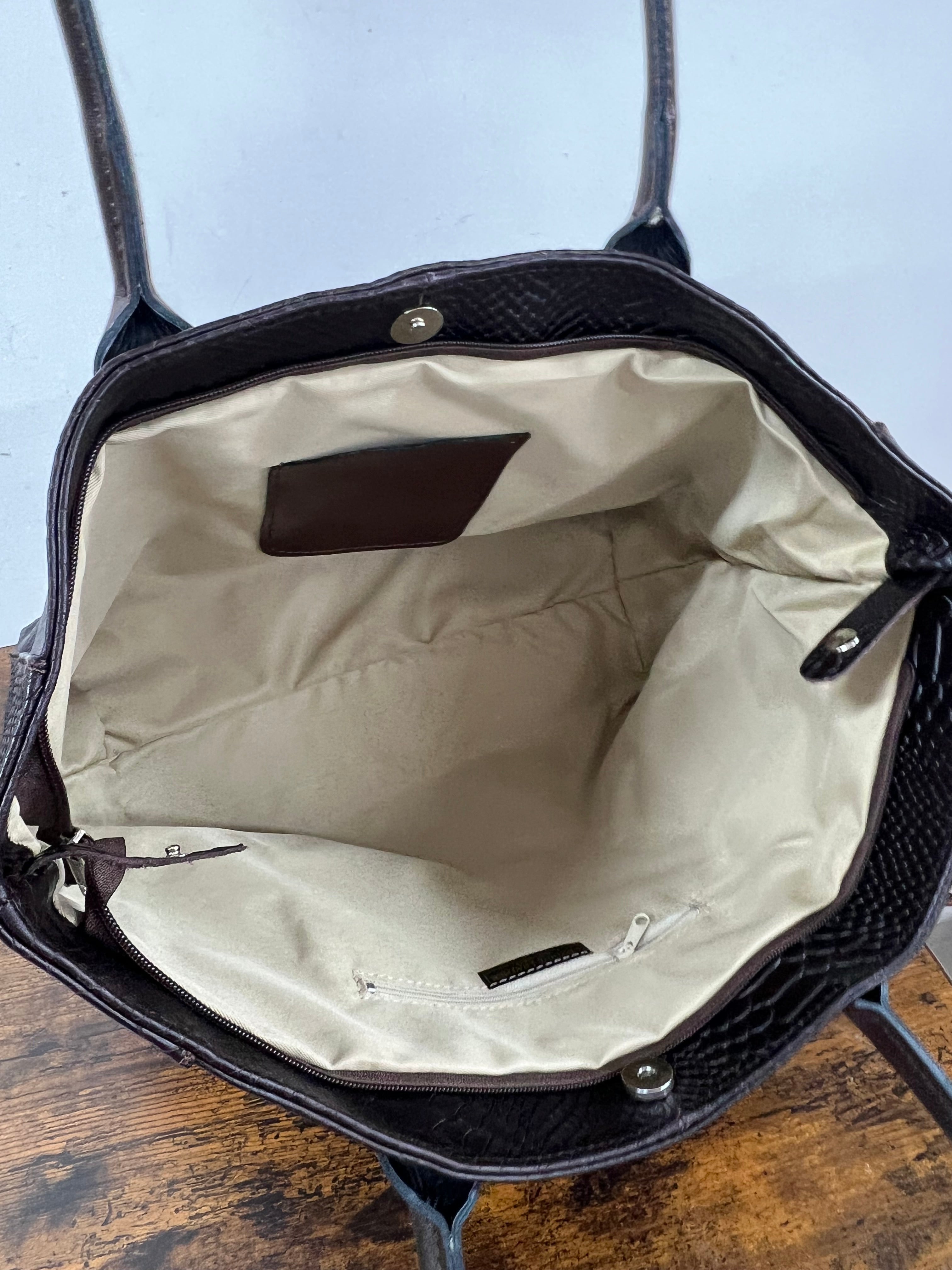 Dark brown crocodile-effect tote bag