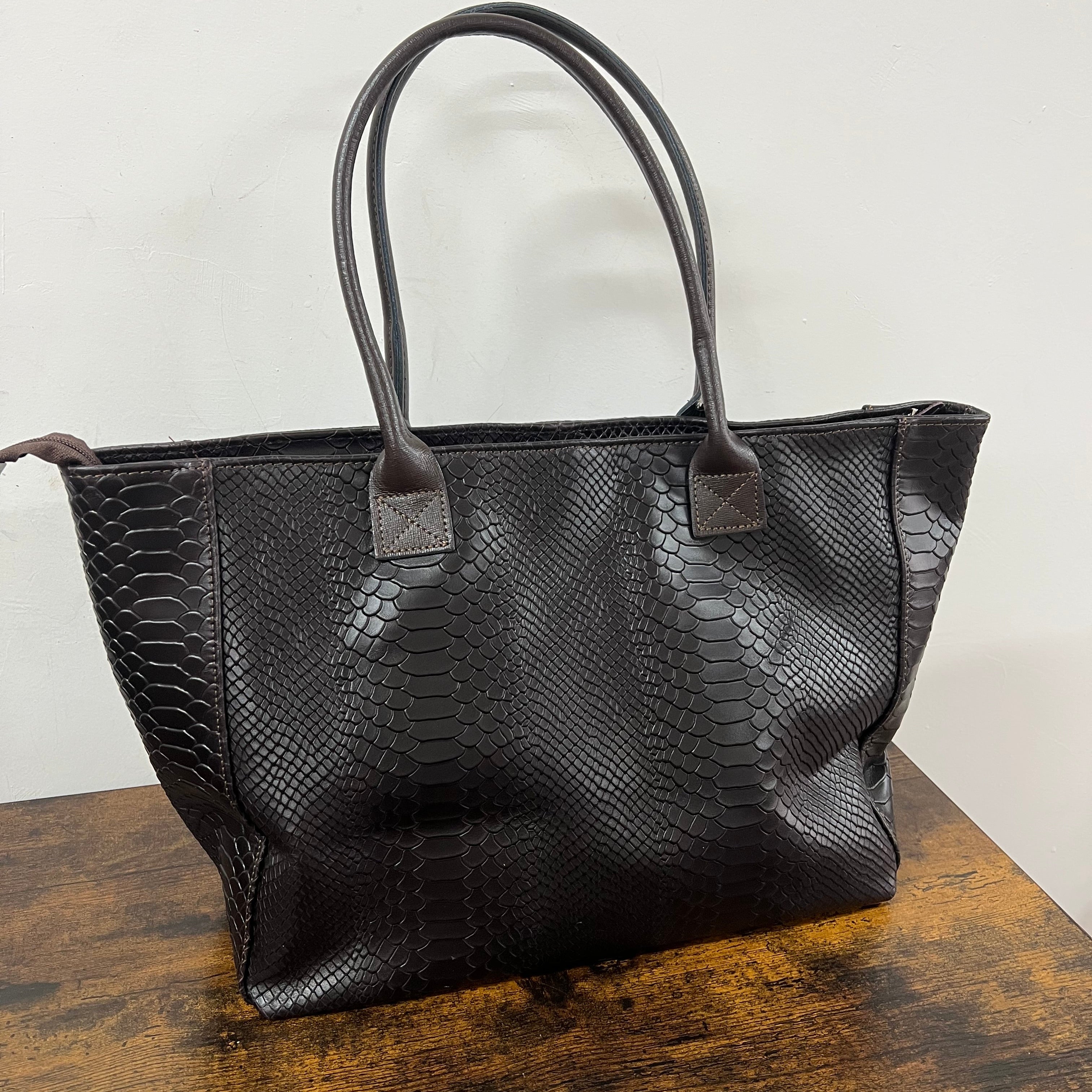 Dark brown crocodile-effect tote bag