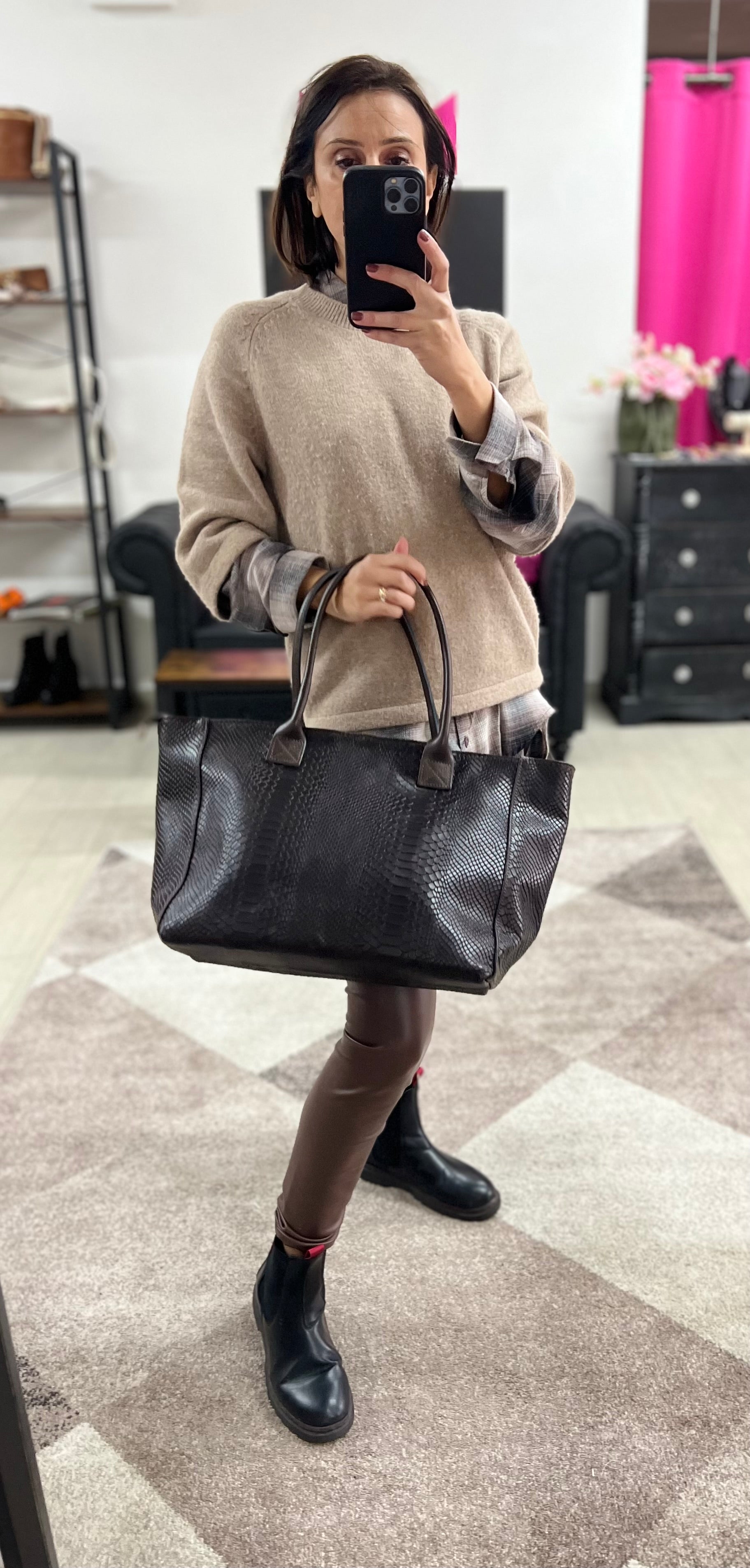 Dark brown crocodile-effect tote bag