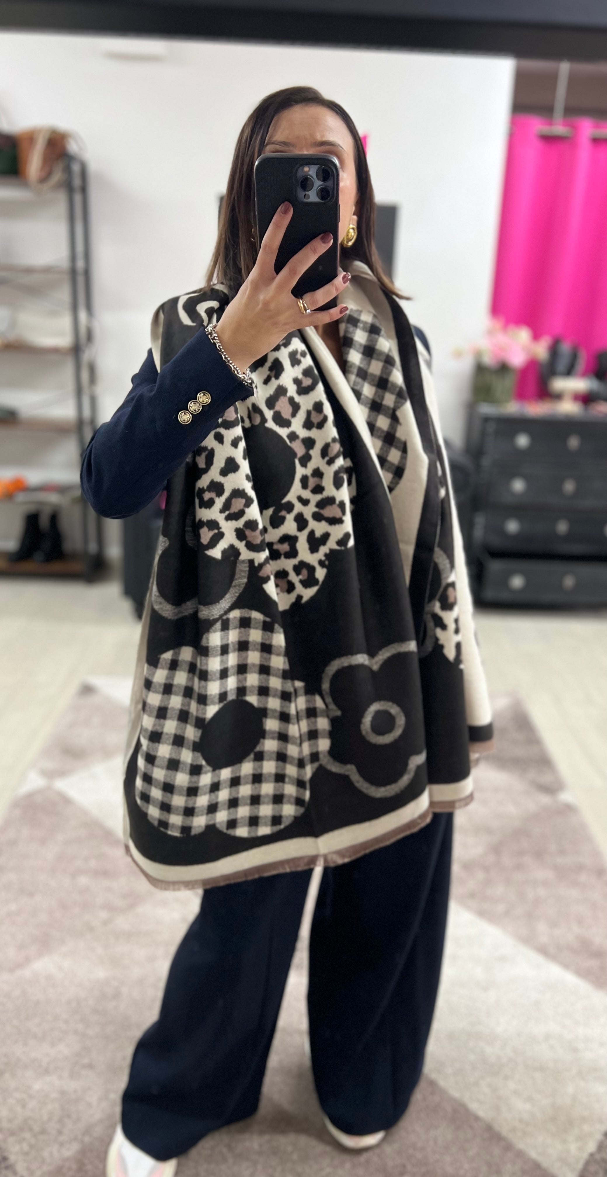 Black and cream checked wool blend oversized scarf