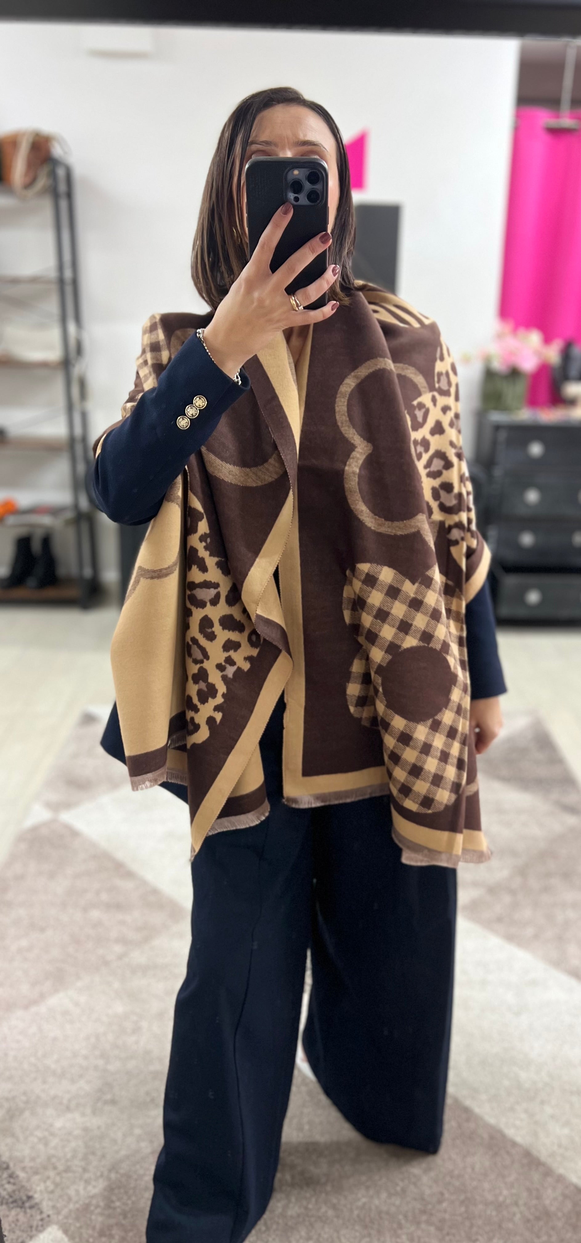 Dark brown camel check wool blend scarf