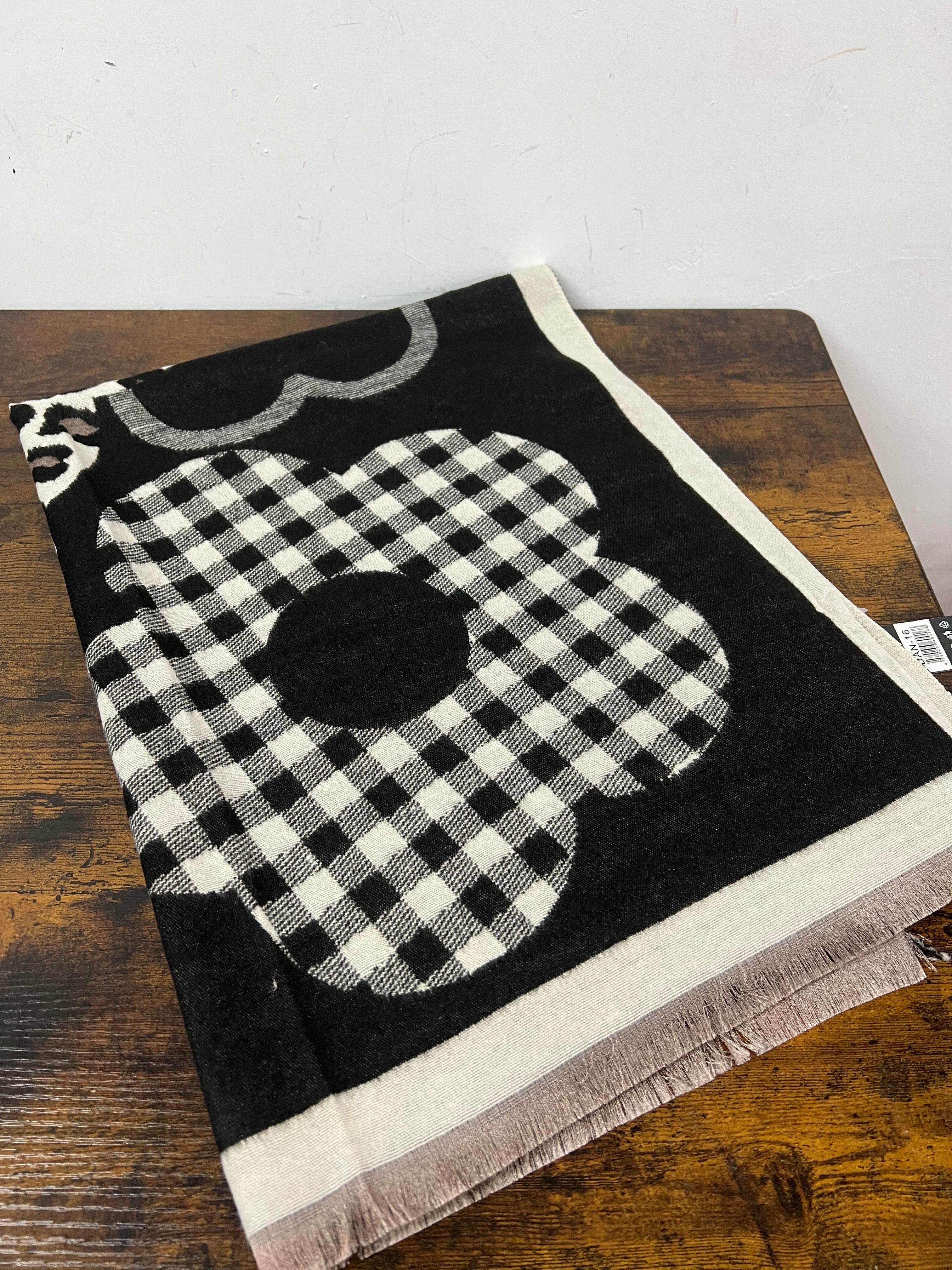 Black and cream checked wool blend oversized scarf