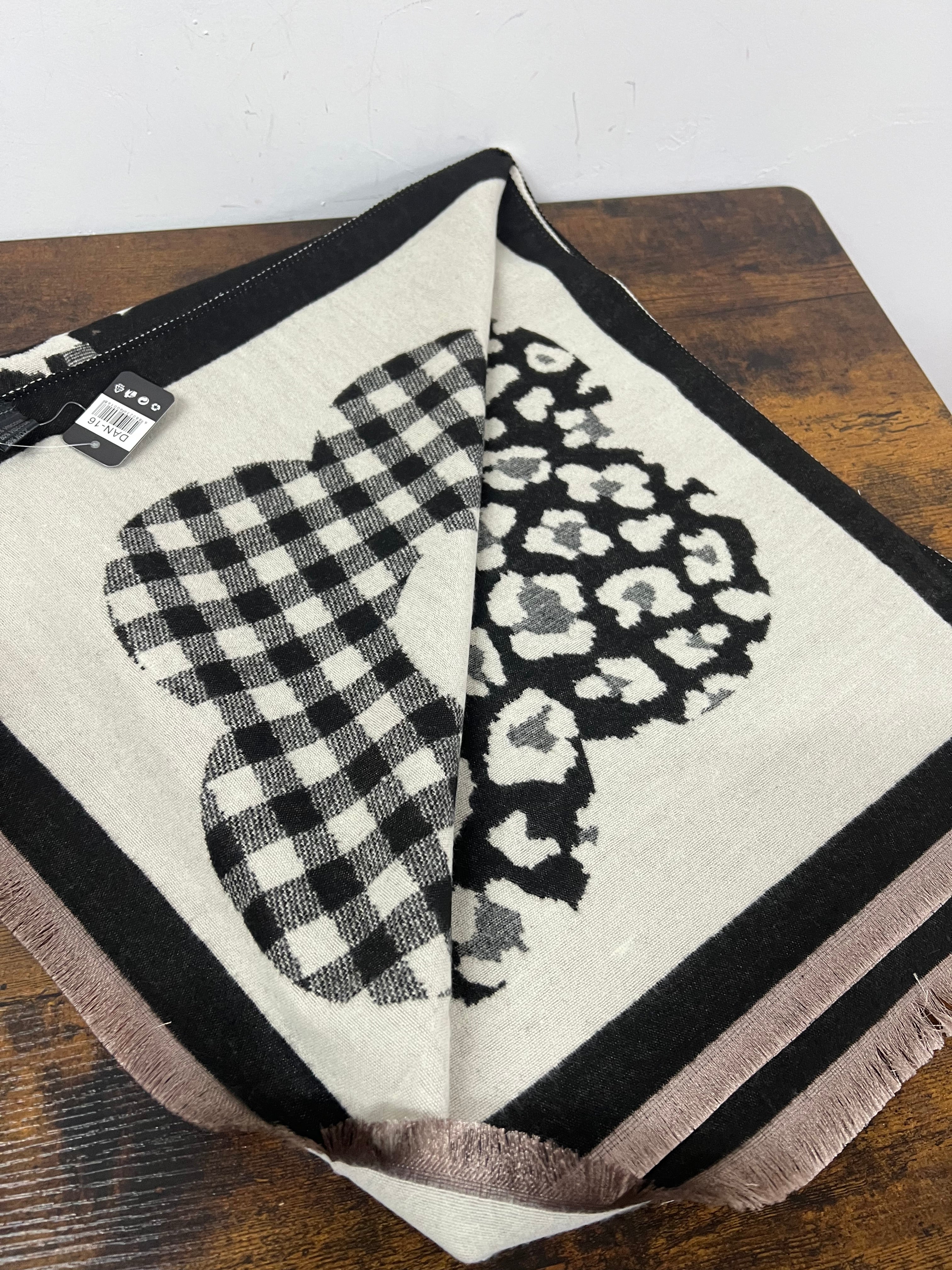 Black and cream checked wool blend oversized scarf