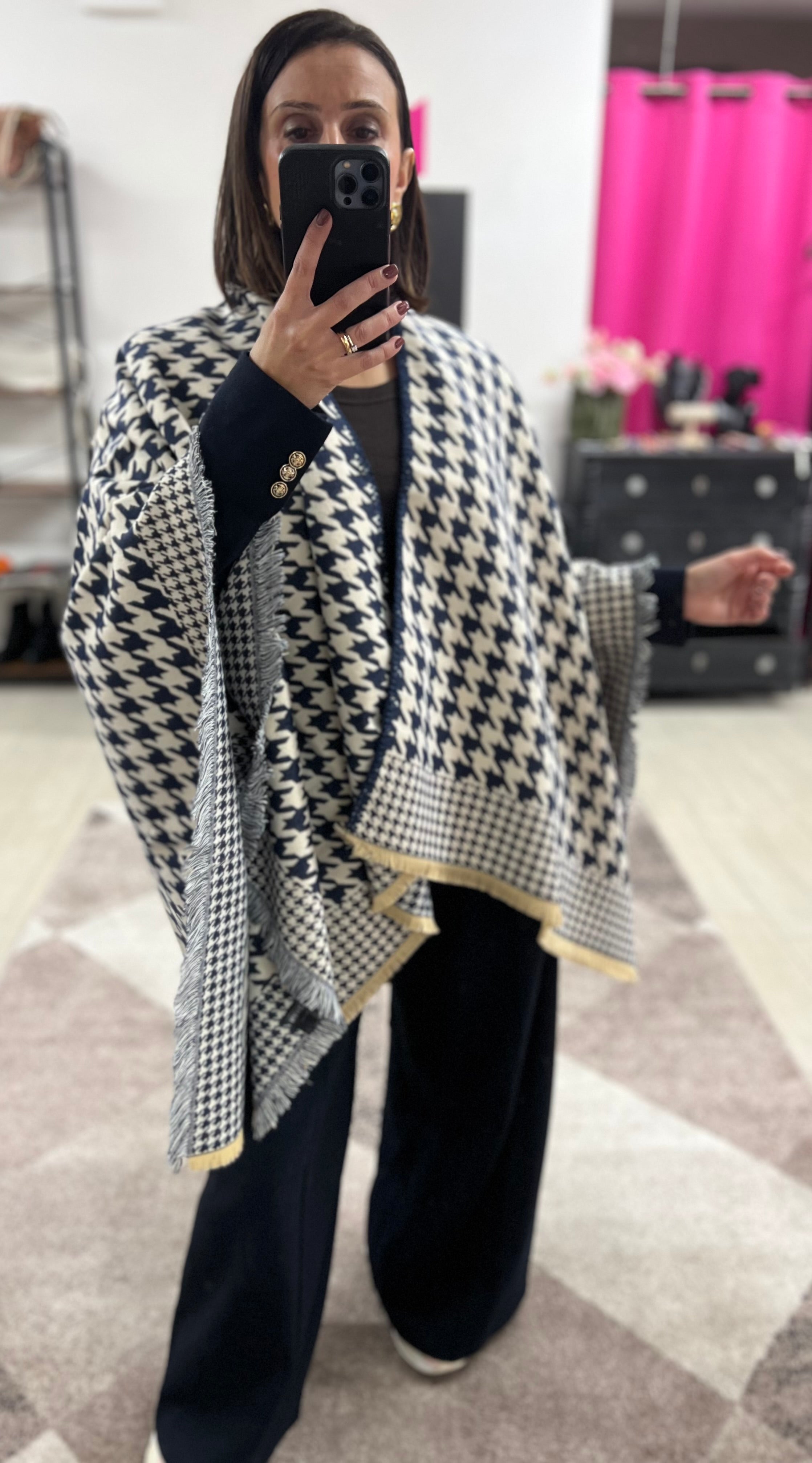 Navy and cream houndstooth cape