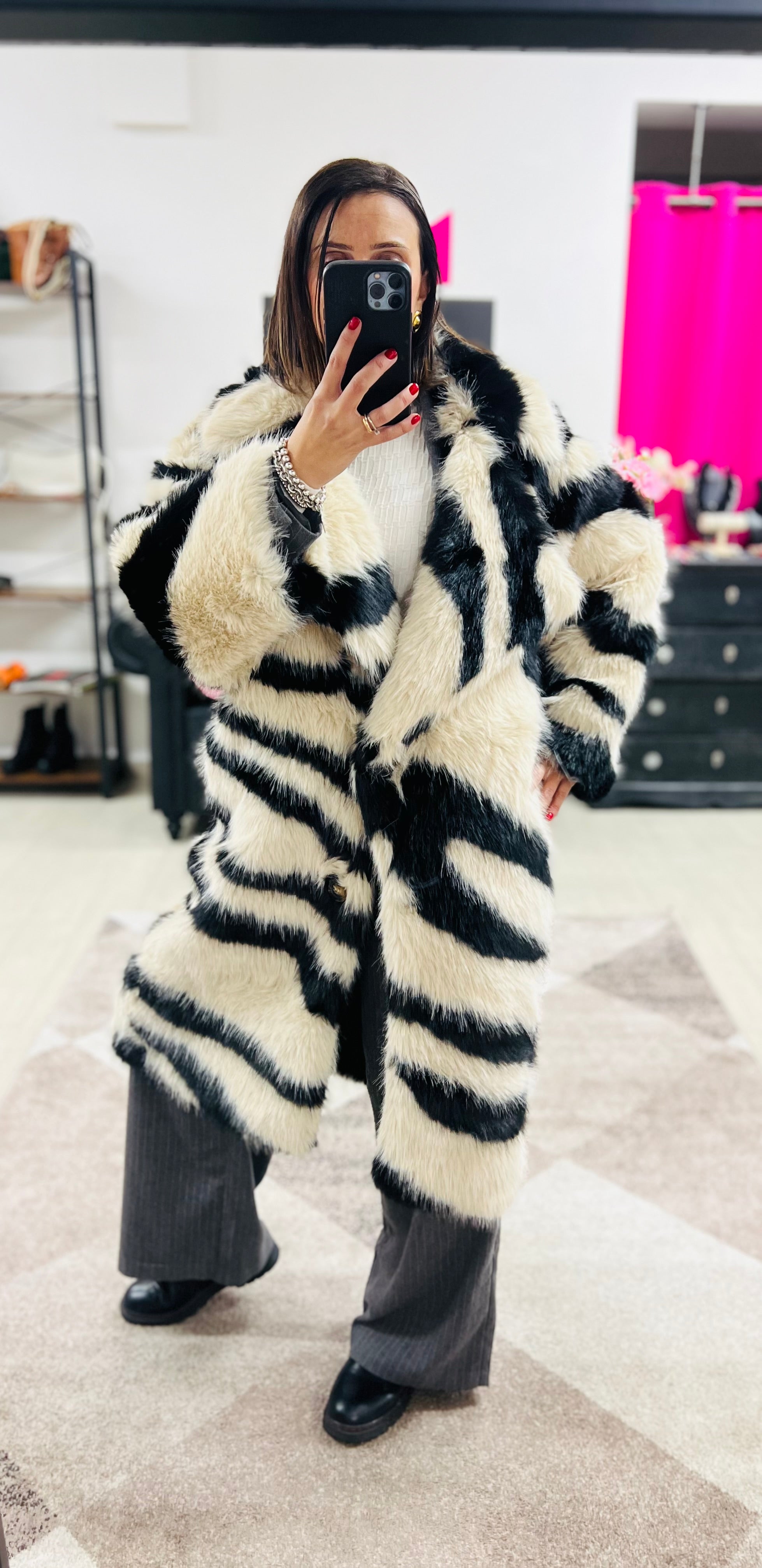 Cream and black faux fur midi zebra coat