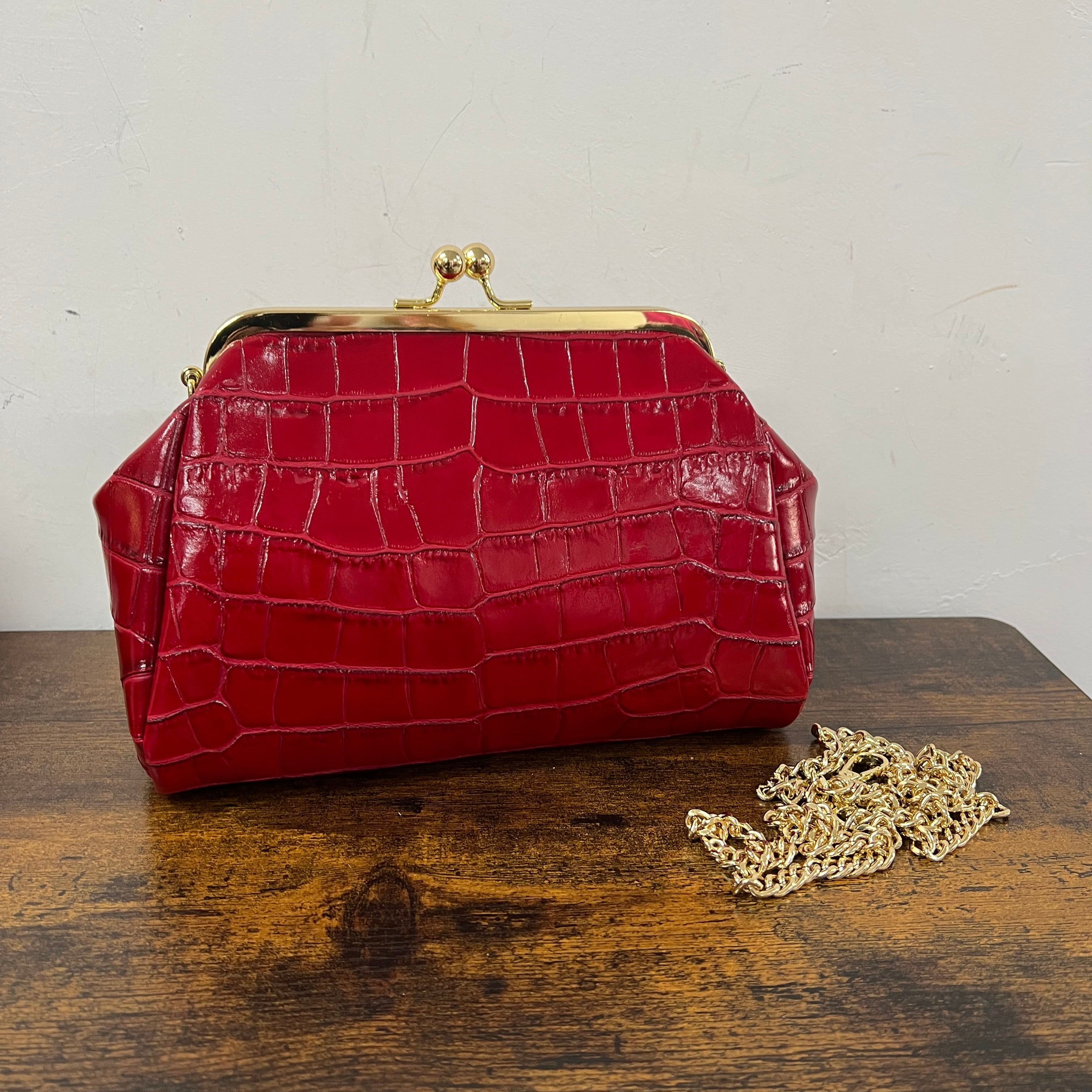 Large red patent crocodile print pouch