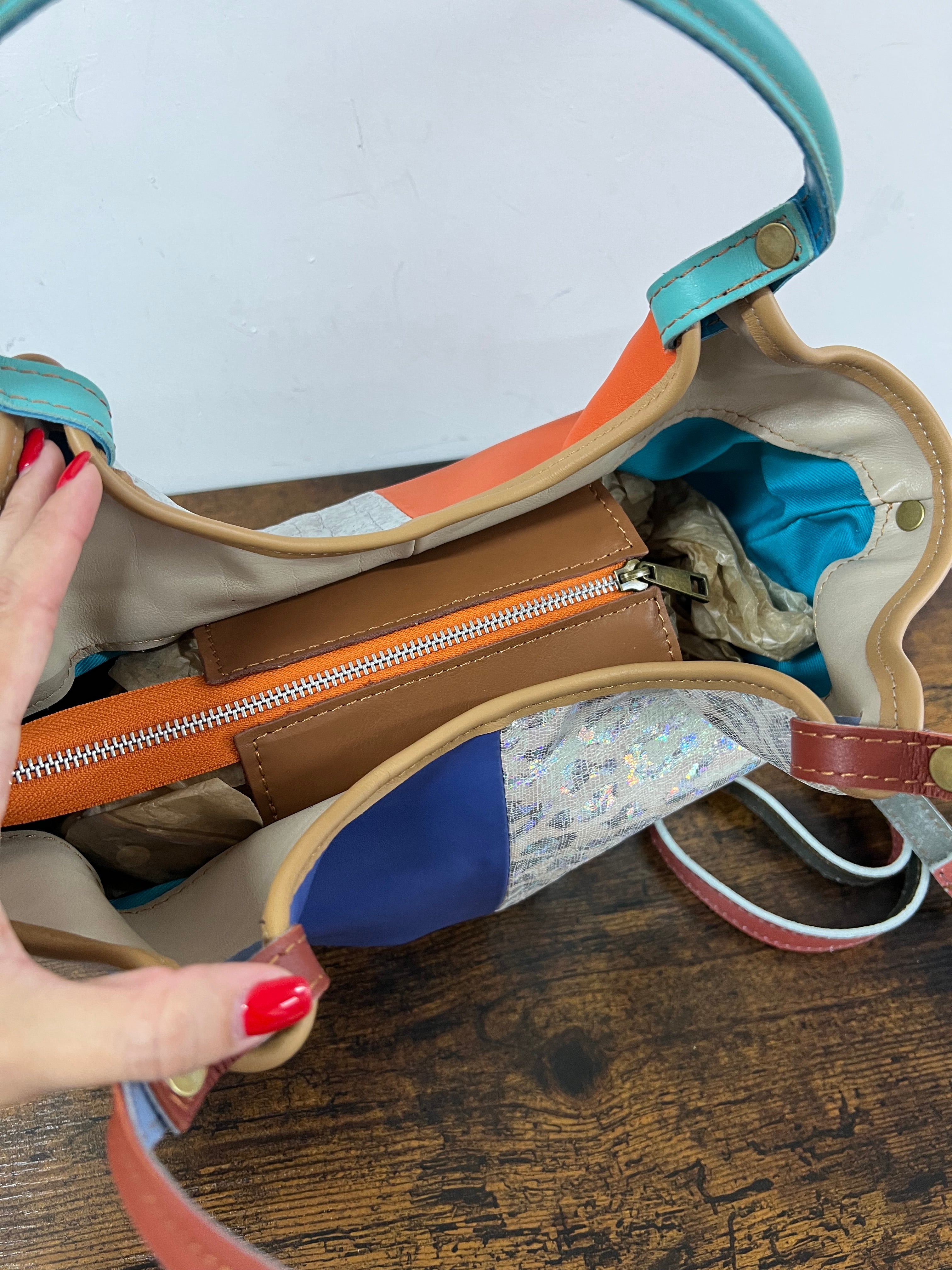 Shopper patchwork arancio argento blu elettrico