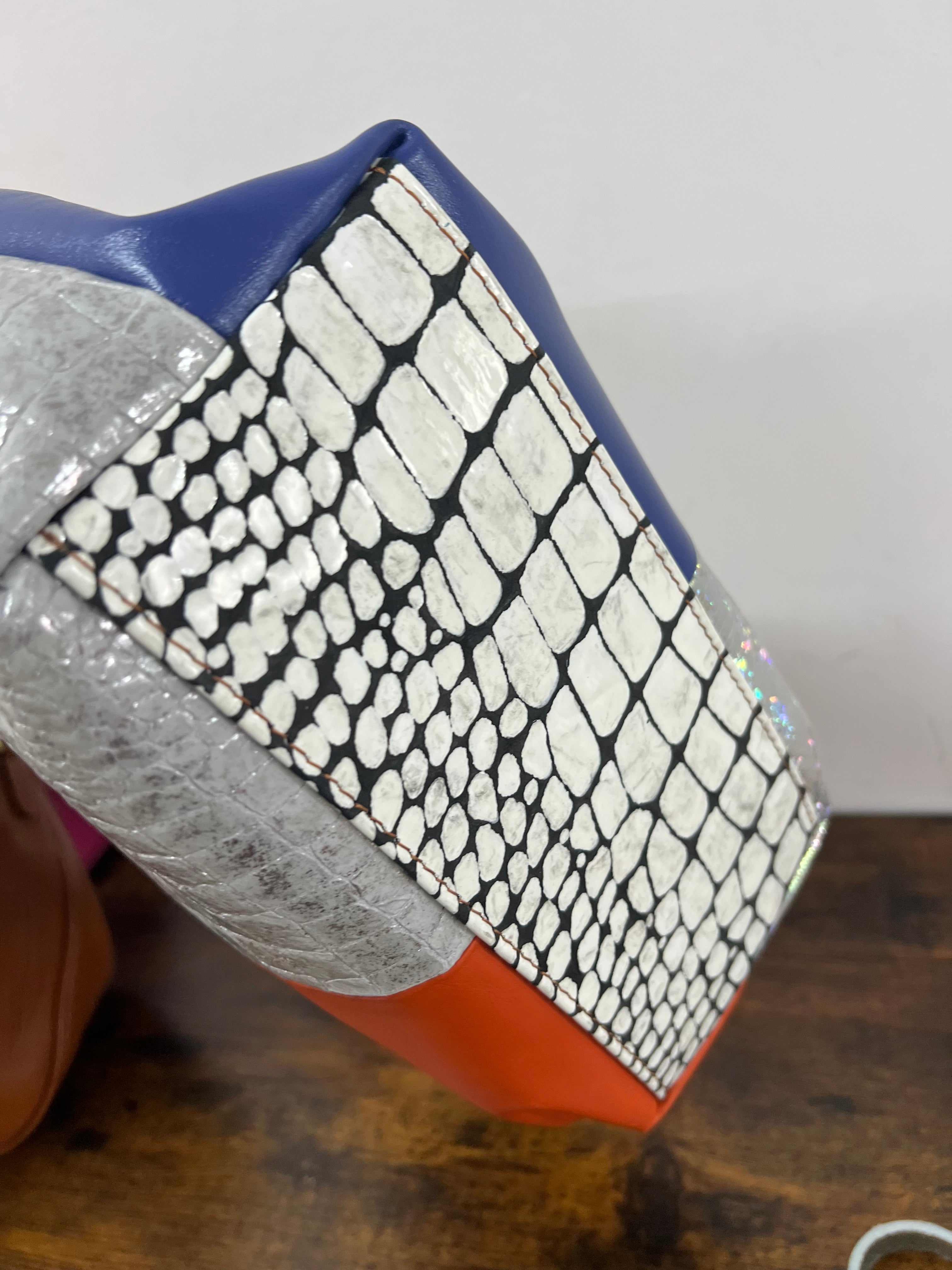 Shopper patchwork arancio argento blu elettrico