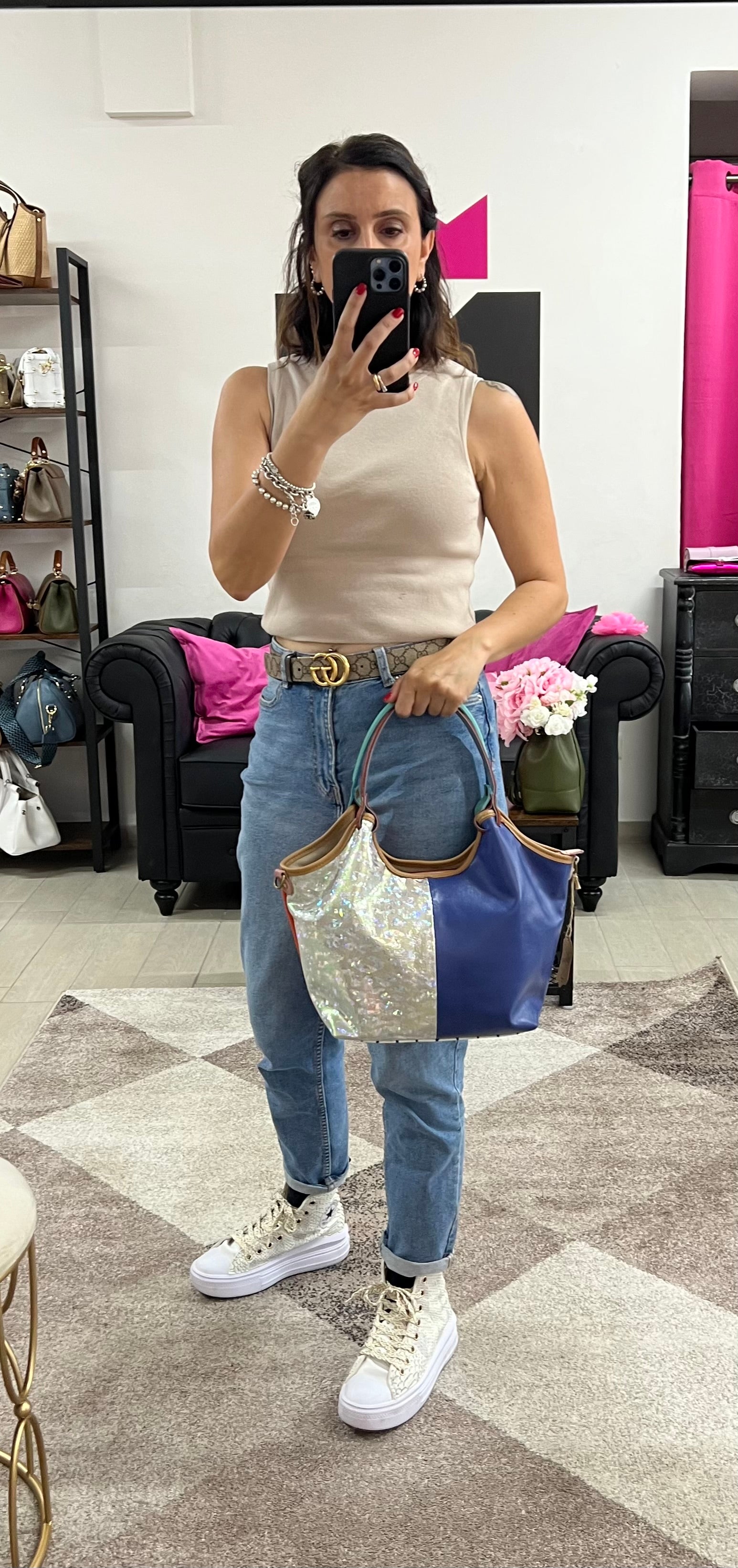Shopper patchwork arancio argento blu elettrico