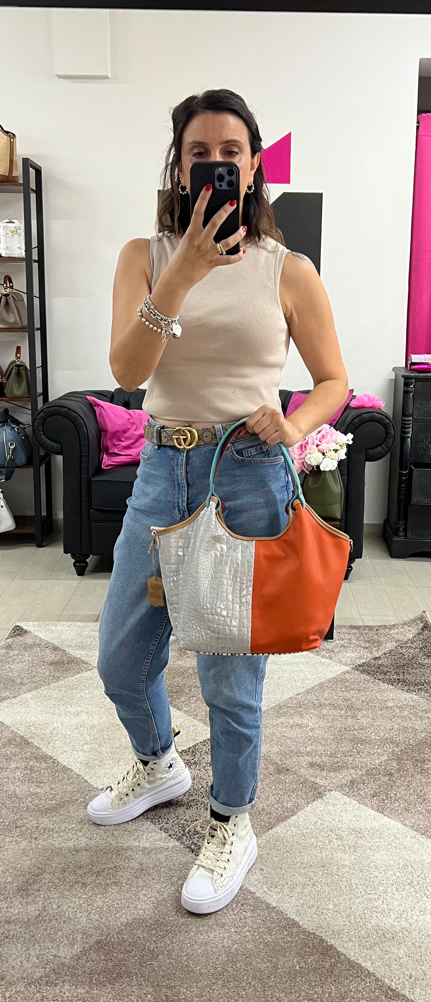 Shopper patchwork arancio argento blu elettrico