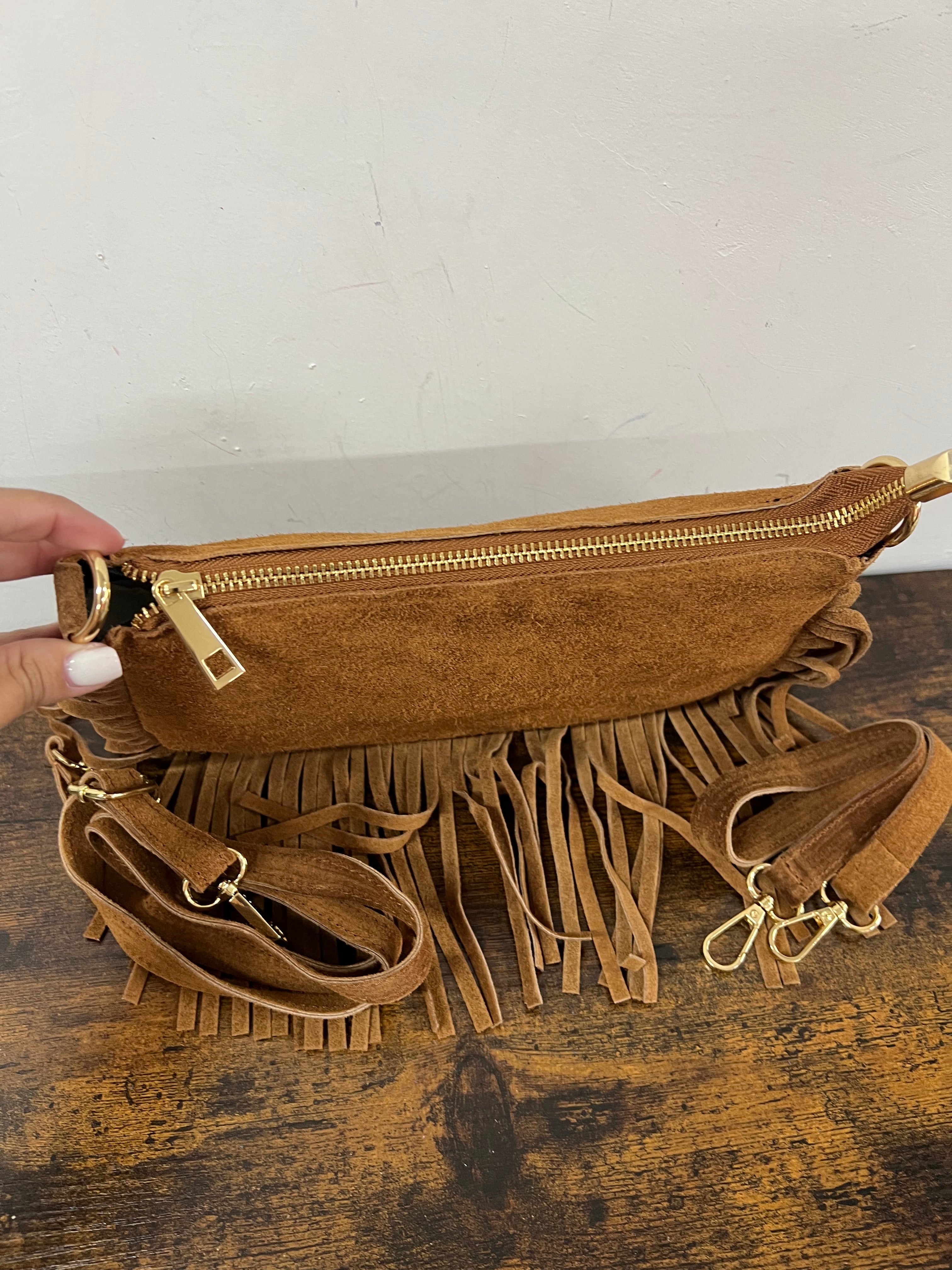 Baguette pelle suede frange cuoio scuro