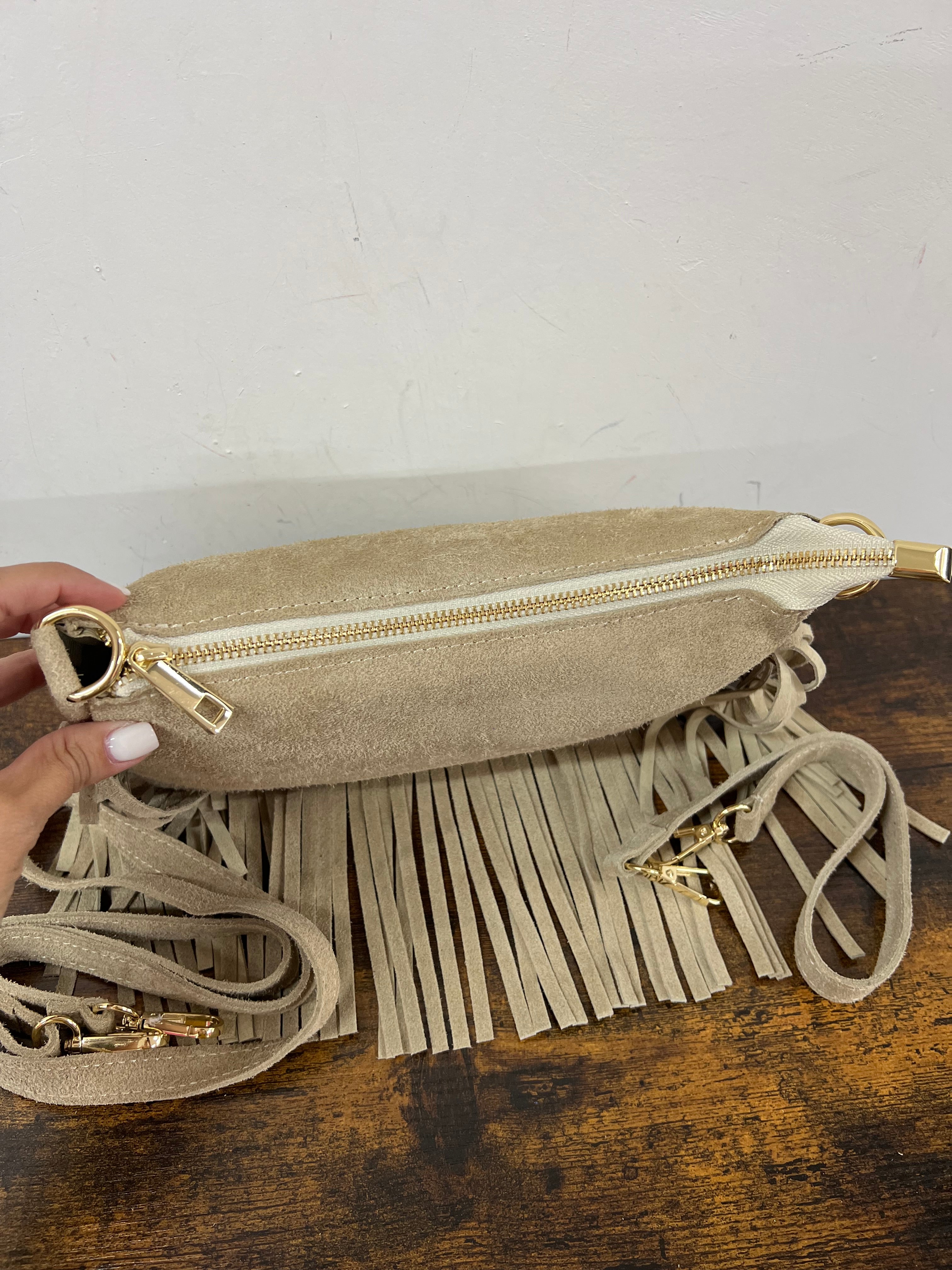 Dove grey fringed suede Baguette