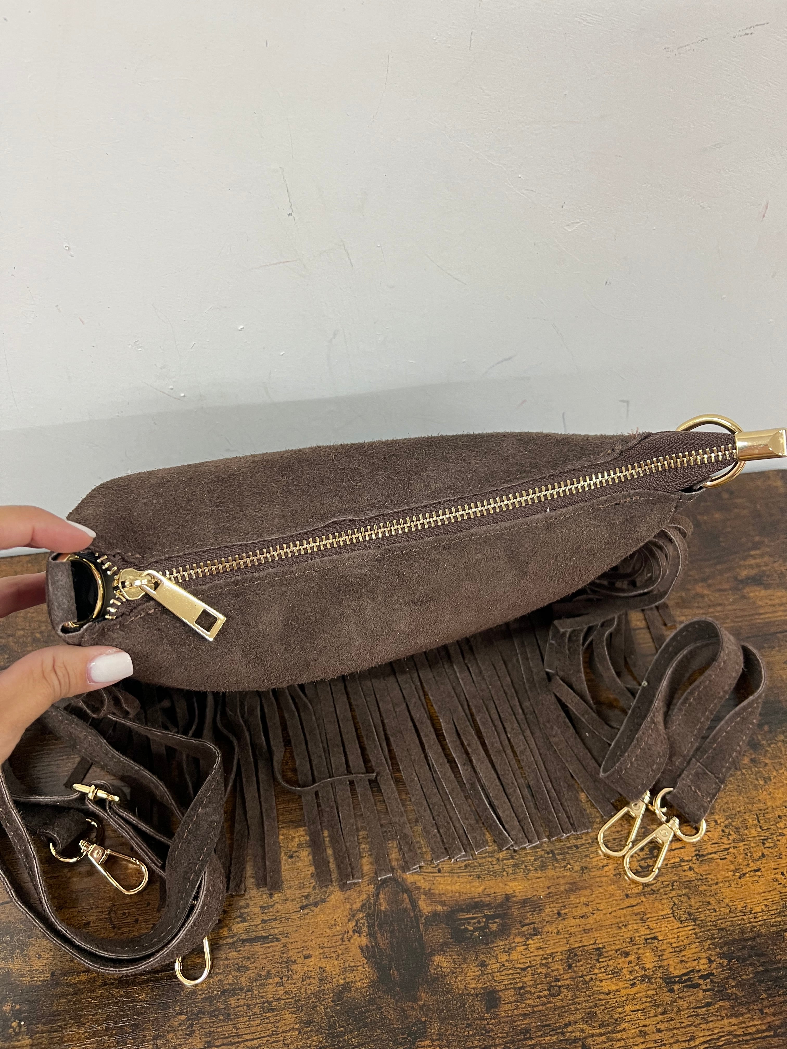 Baguette pelle suede frange testa di moro