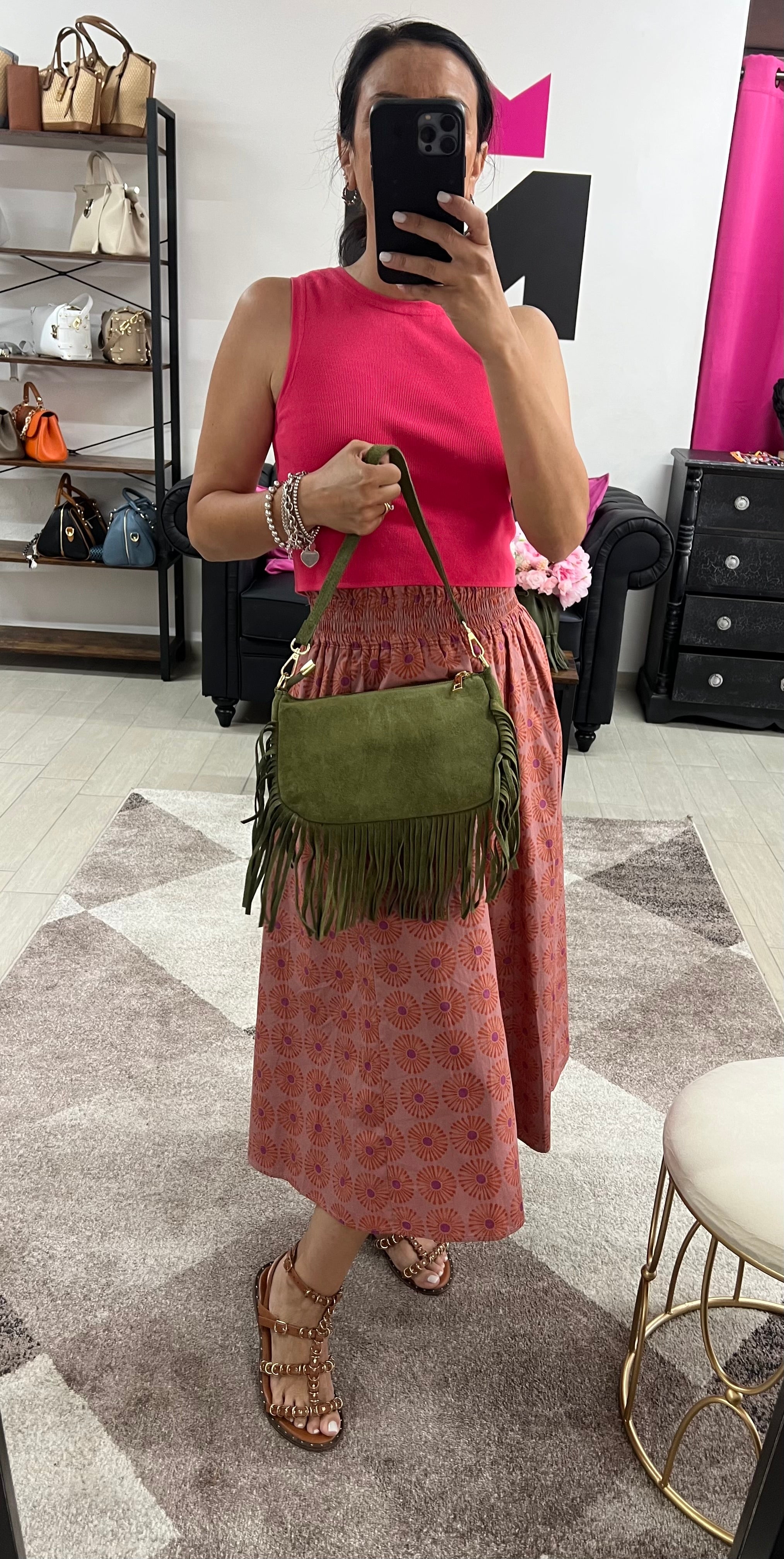 Military green suede fringed baguette bag