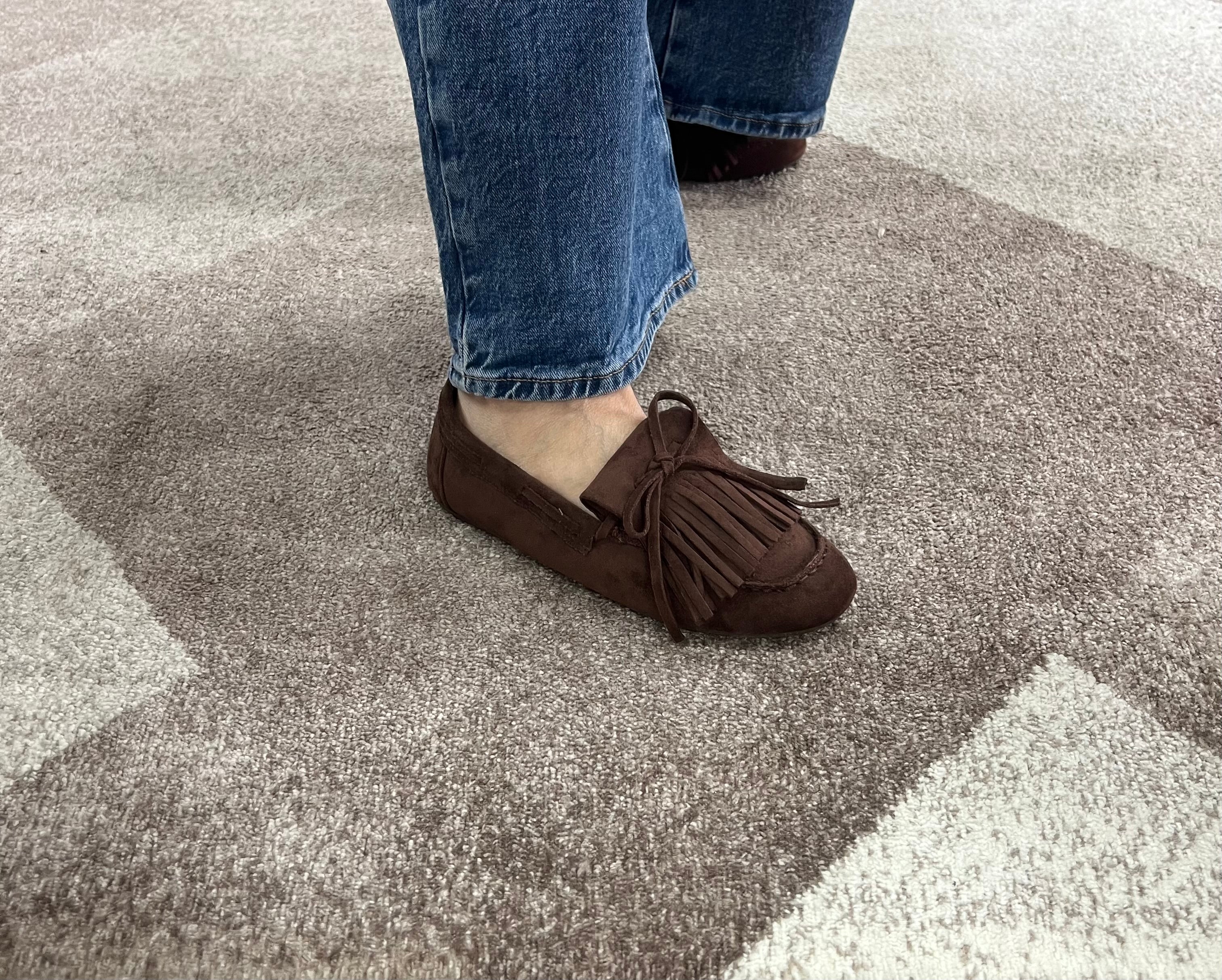 Dark brown suede fringed loafers