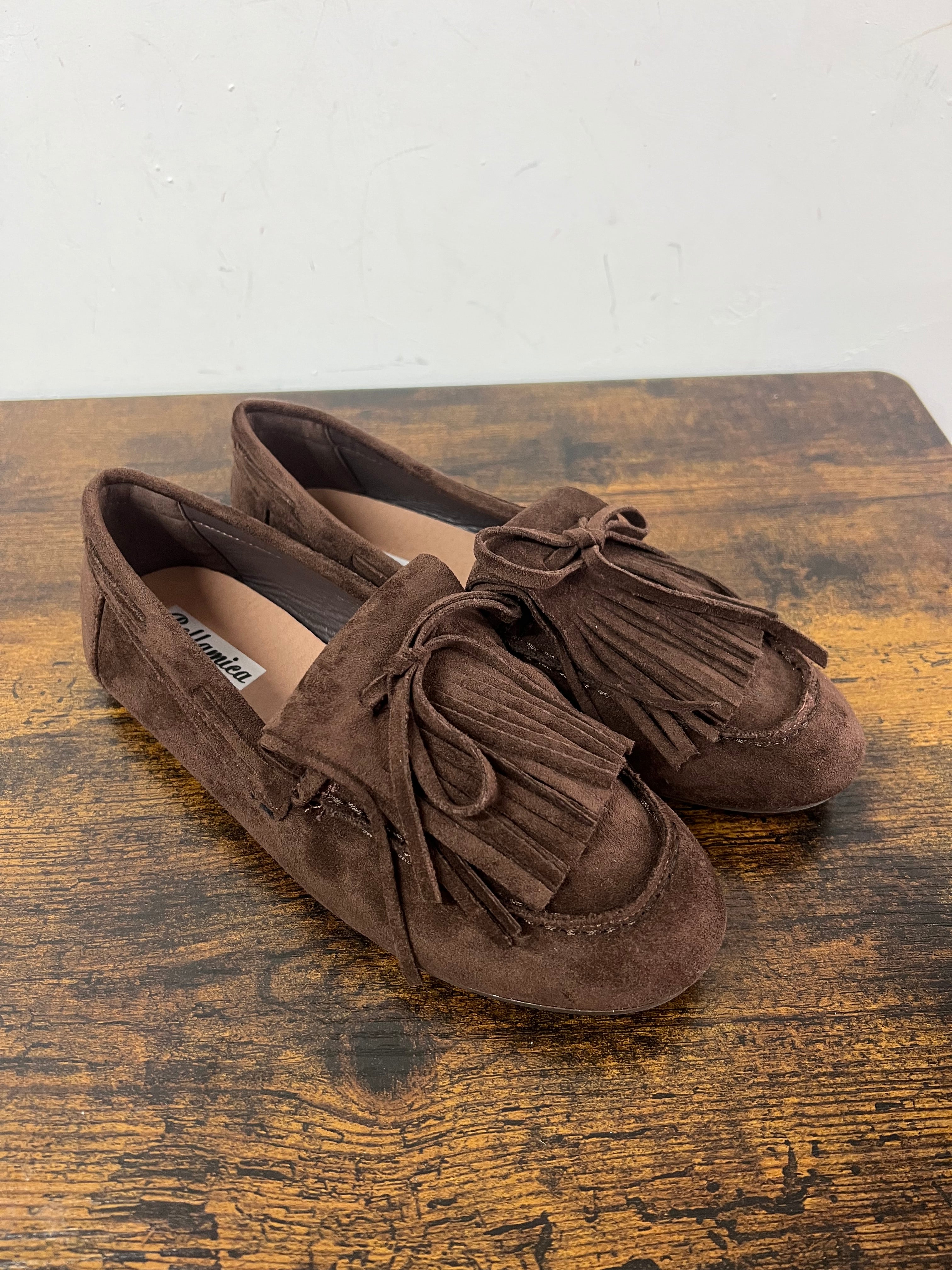 Dark brown suede fringed loafers