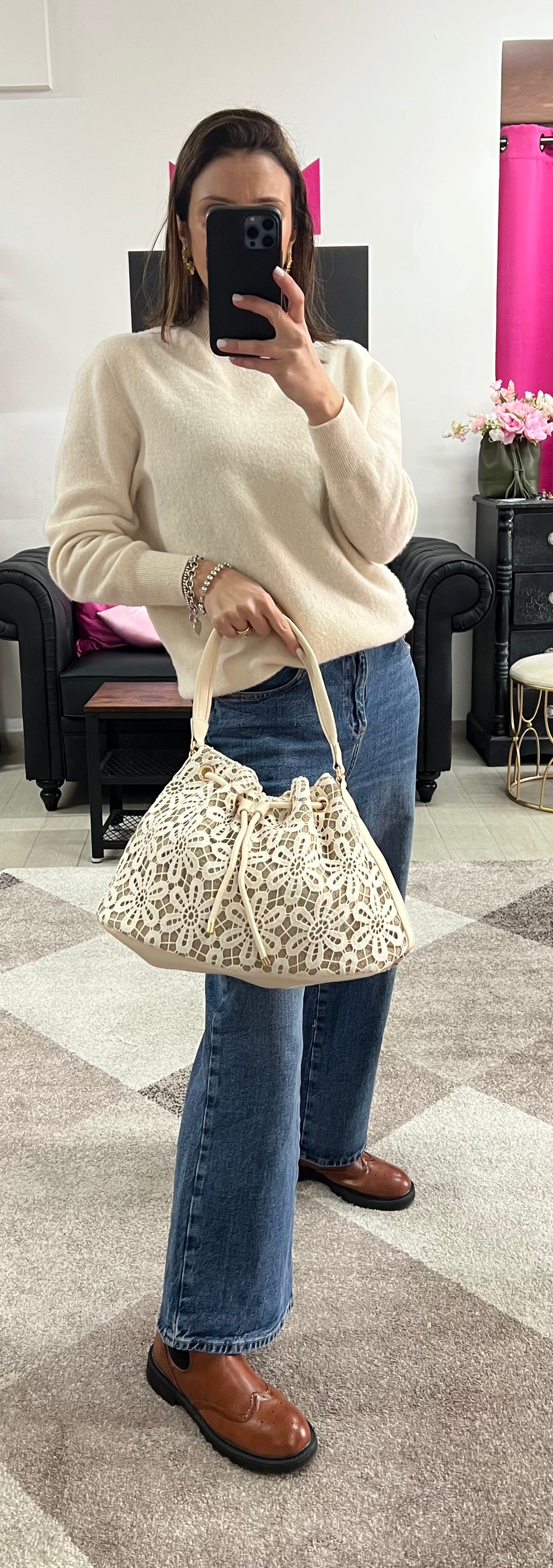 Sacchetto merletto e juta panna