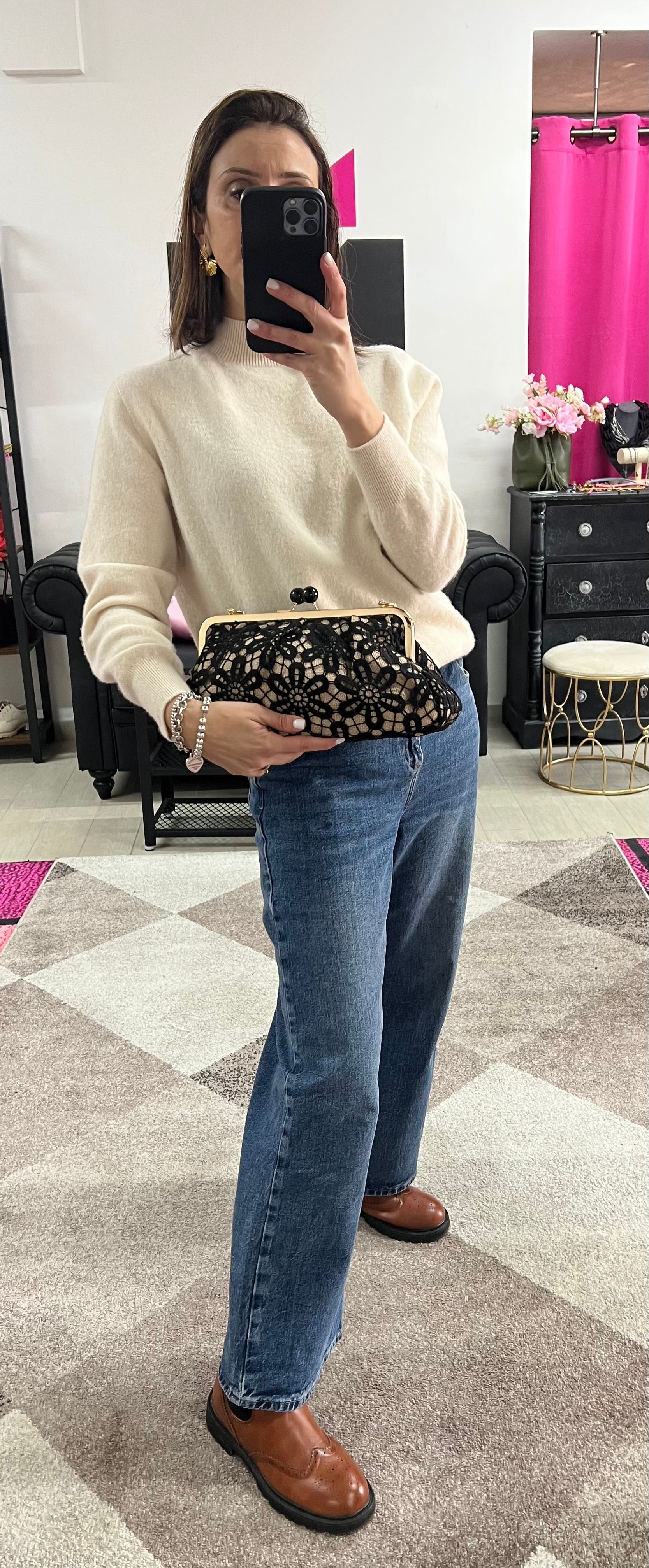 Maxi borsello merletto e juta nero