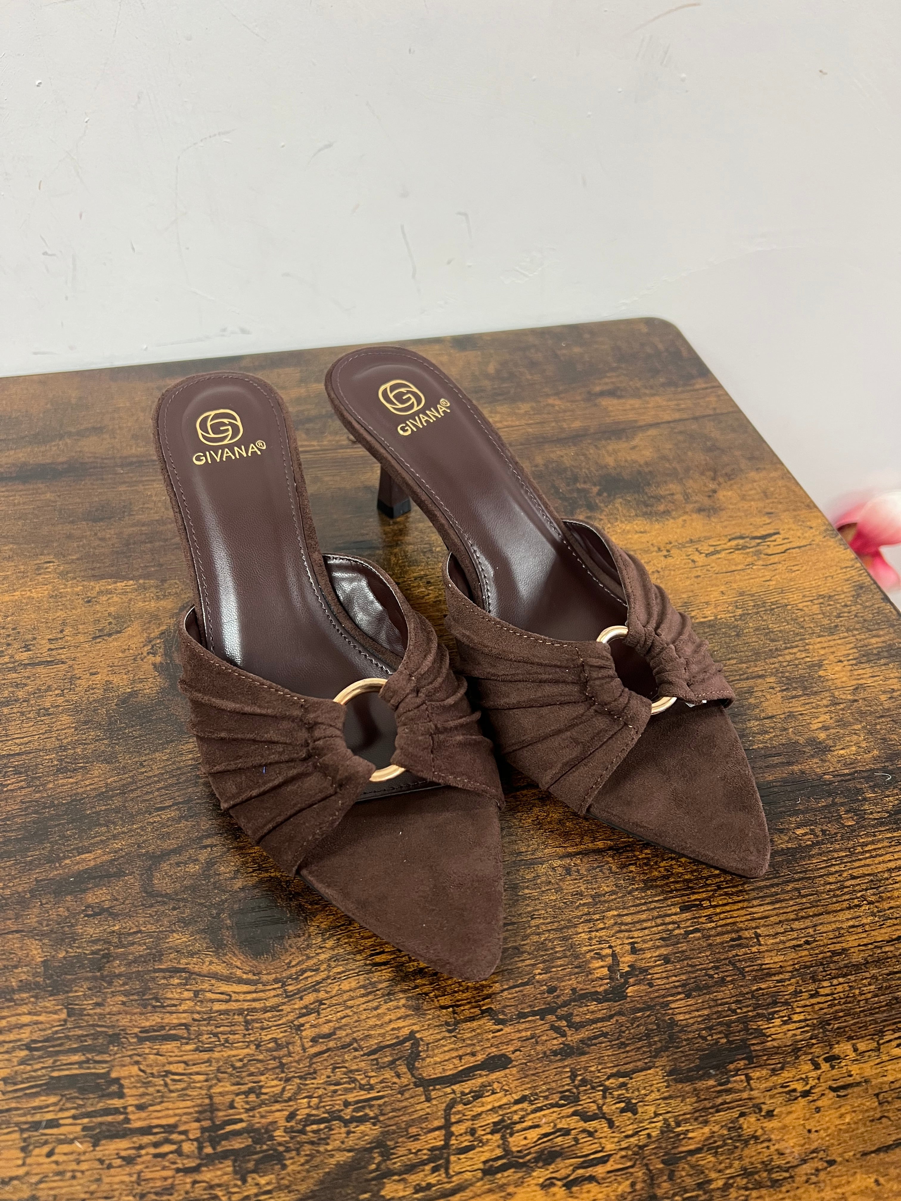 Dark brown suede mules