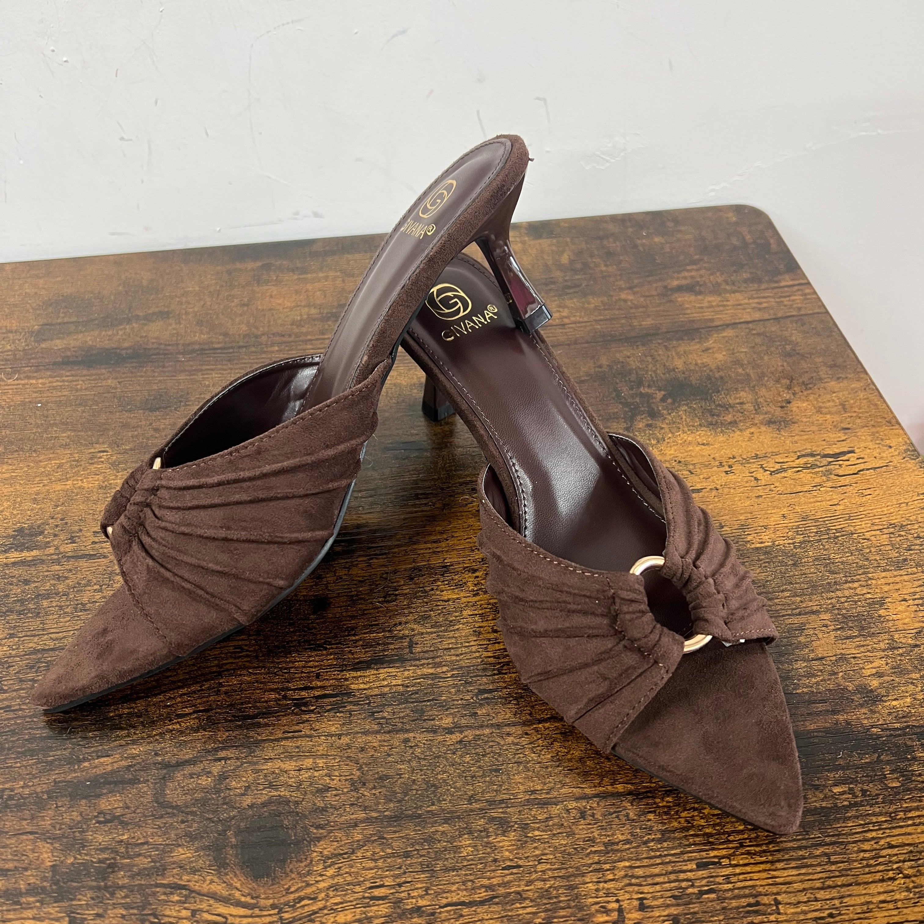 Dark brown suede mules
