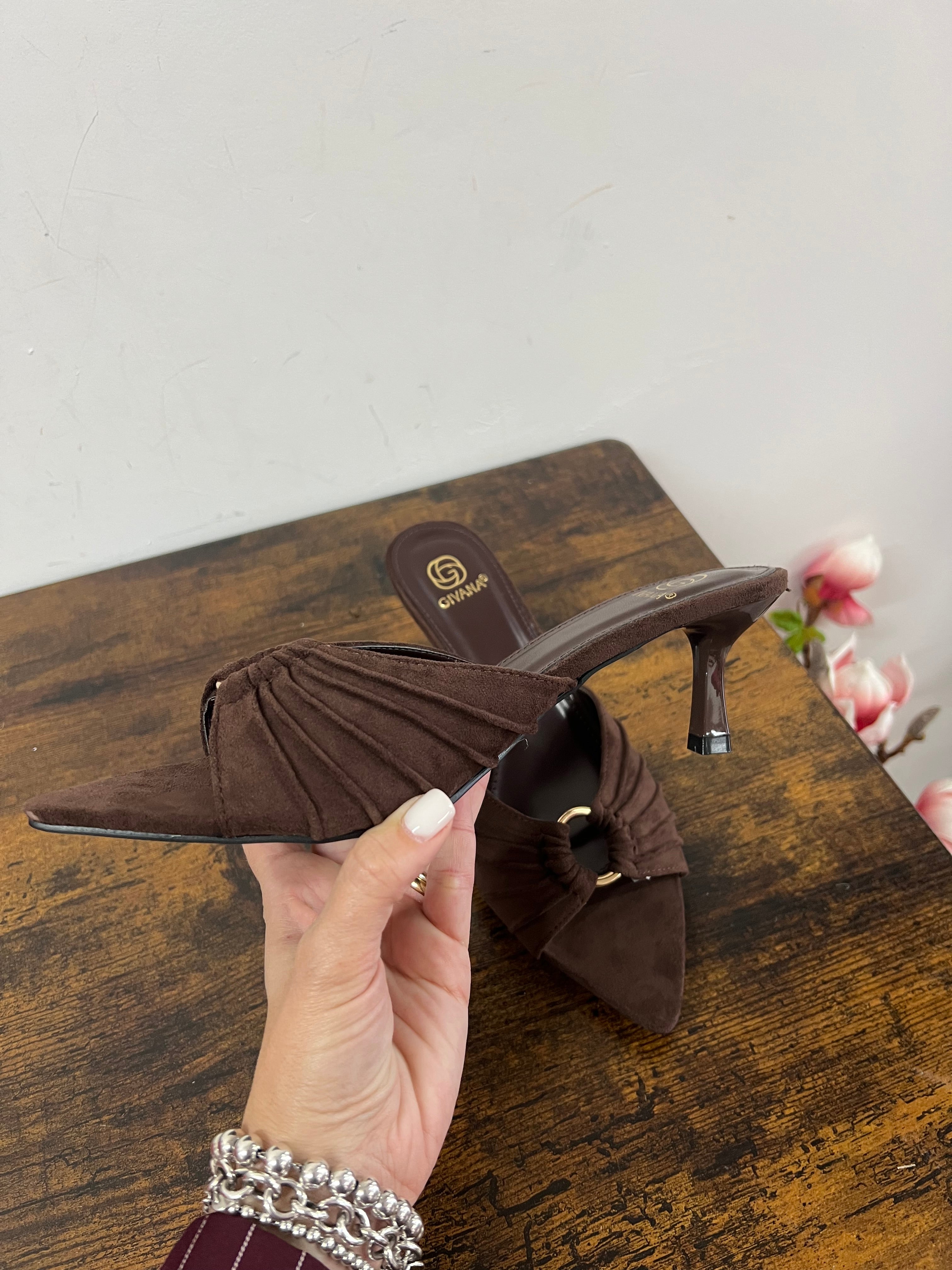 Dark brown suede mules