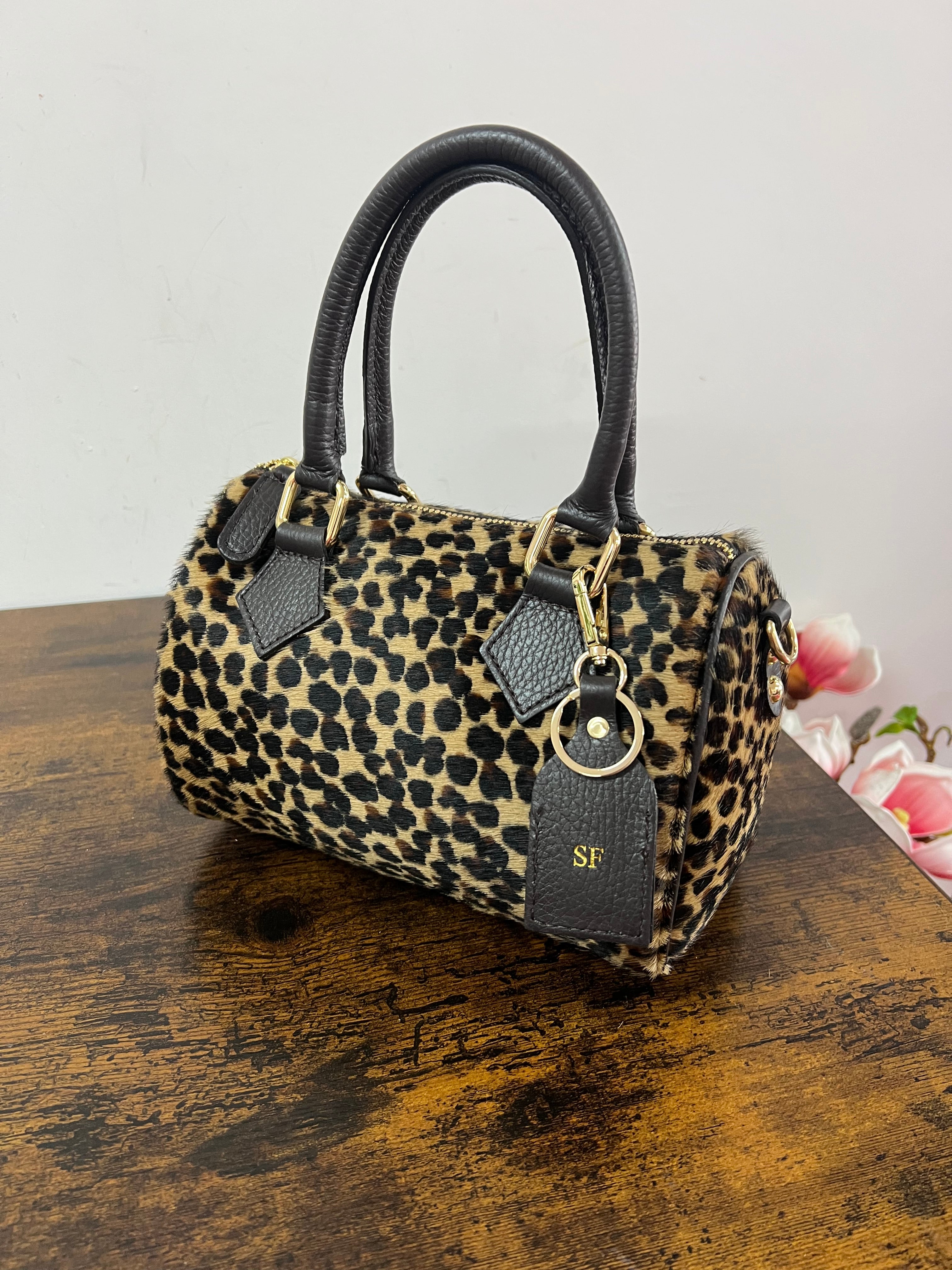 Mini leopard print horsehide top-handle bag